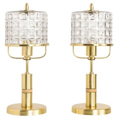 Pair of Kamenicky Senov mid-century Modern table lamps in brass glass shades