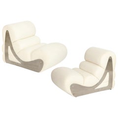 Pair of 1970s French Kappa Slipper Chairs in White Boucle with Metal Frames