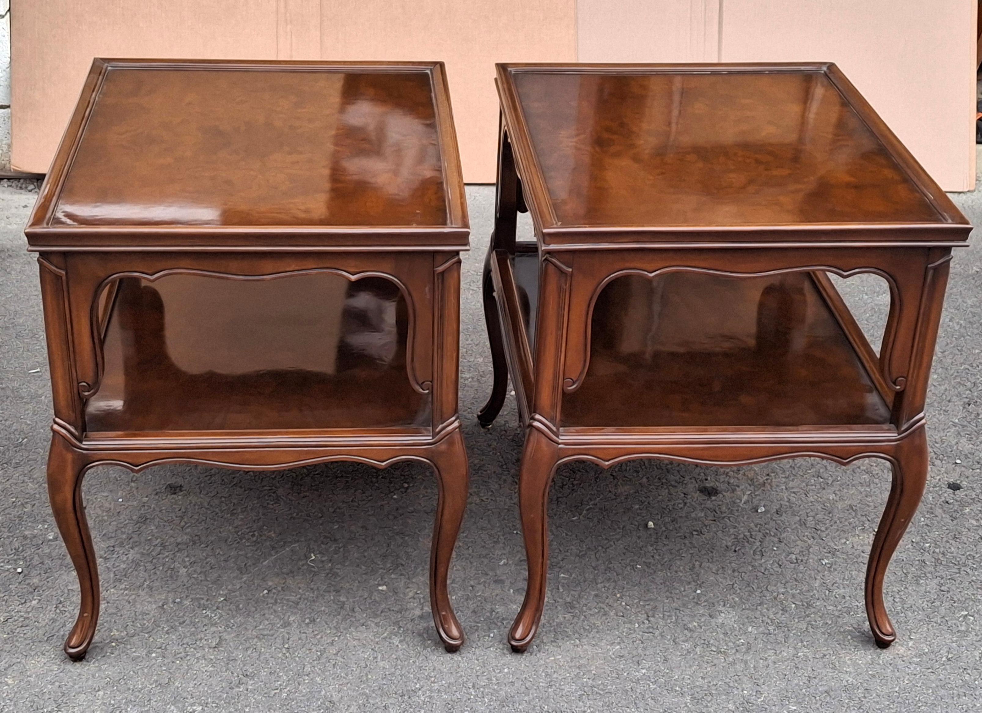 A Pair of Karges Furniture Co. Provincial Style lacquered Mahogany Tiered Side Tables. High gloss finish. Great vintage co dition. Measures 20.5