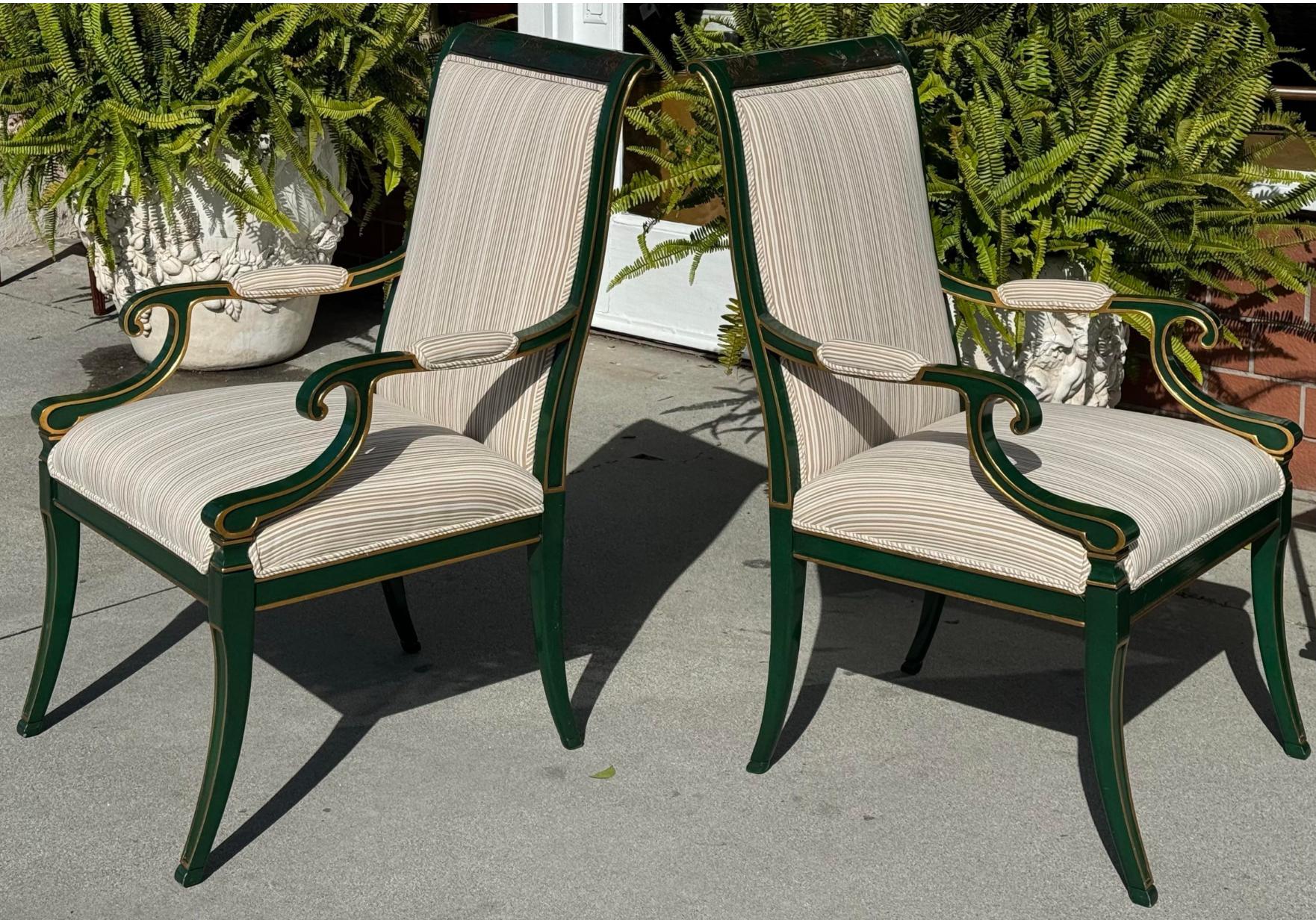 Late 20th Century Pair of Karges Green Chinoiserie Fauteuil Arm Chairs W Scalamandre Stripe