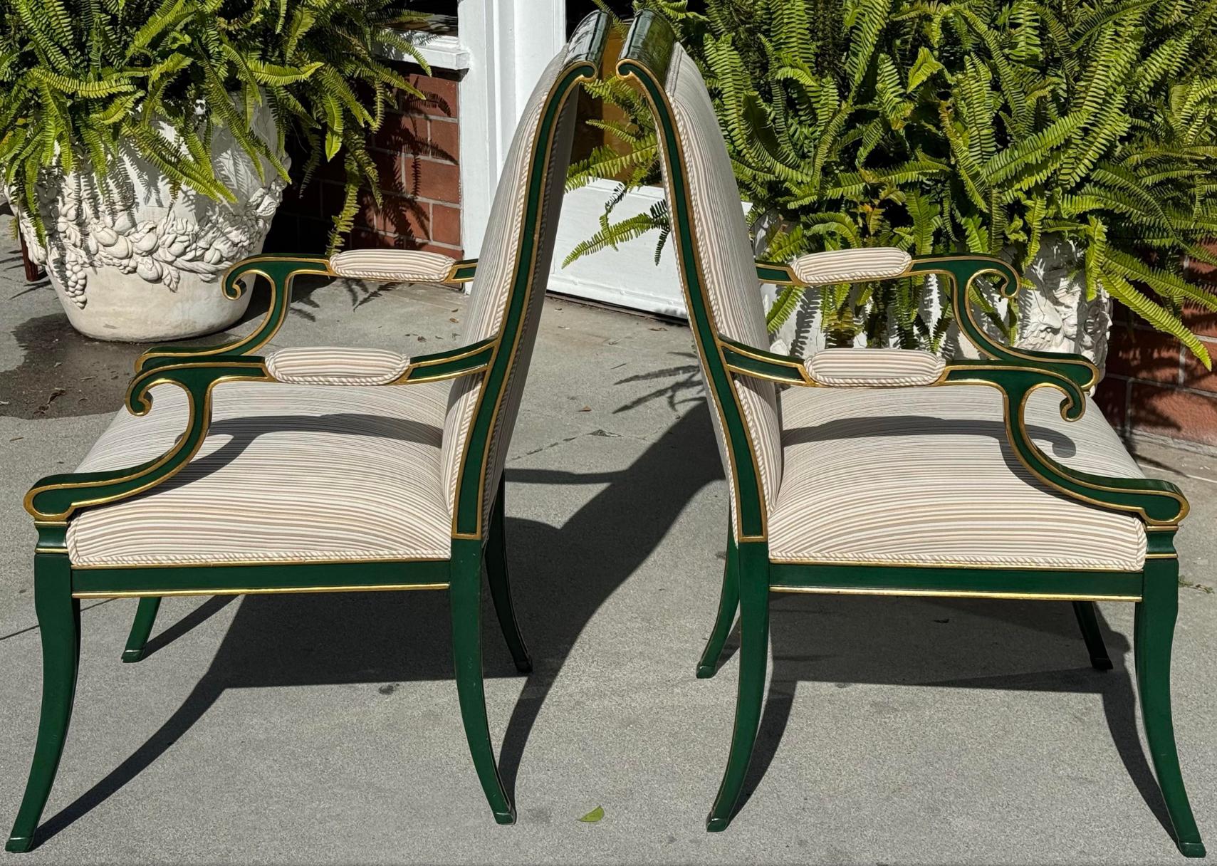 Wood Pair of Karges Green Chinoiserie Fauteuil Arm Chairs W Scalamandre Stripe