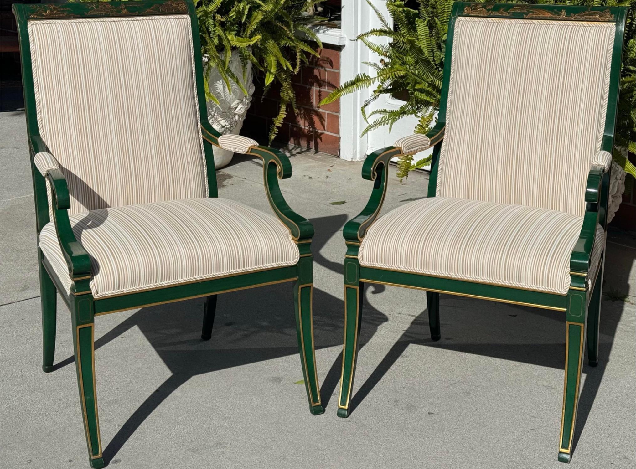 Pair of Karges Green Chinoiserie Fauteuil Arm Chairs W Scalamandre Stripe 1