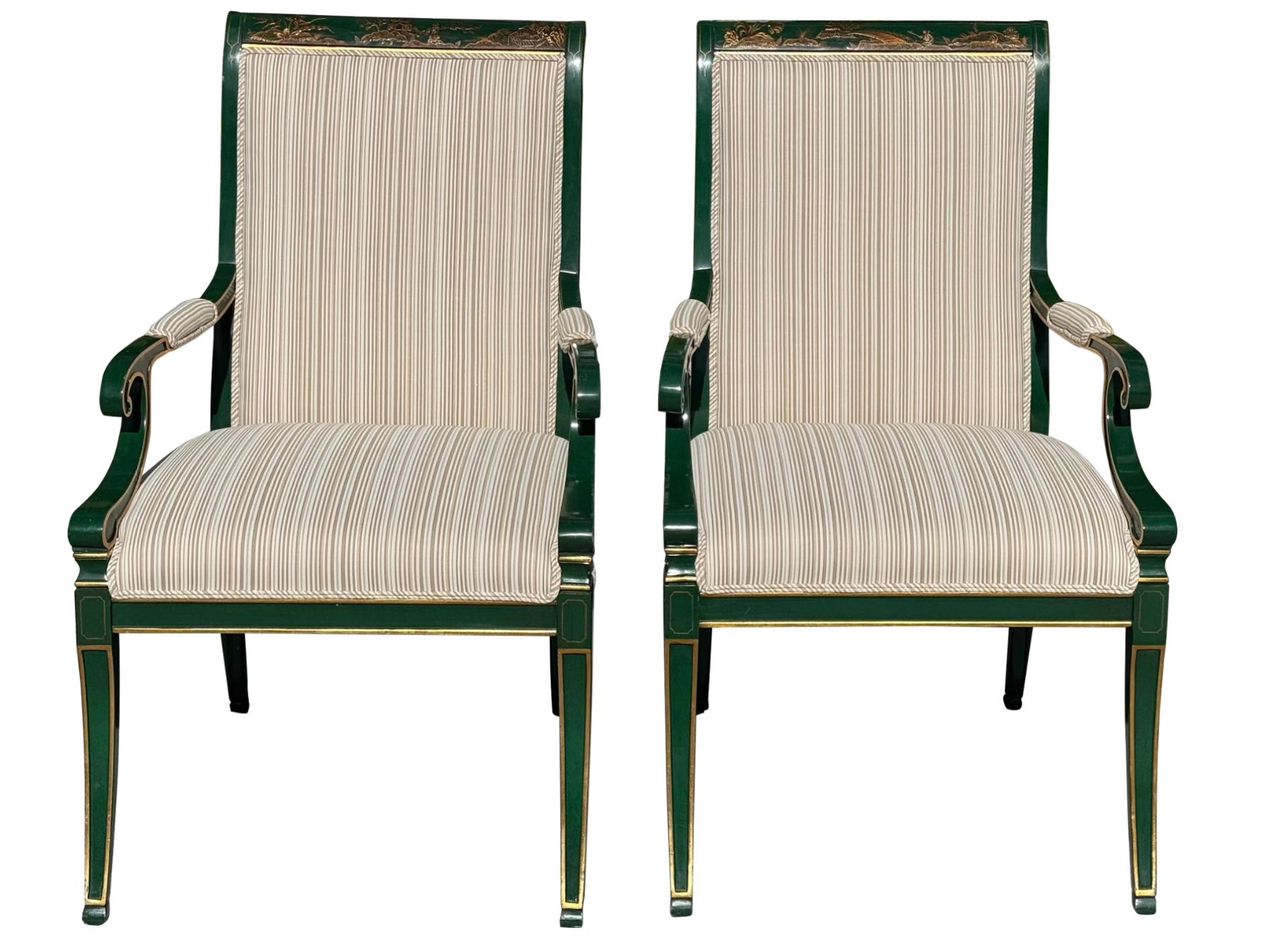 Pair of Karges Green Chinoiserie Fauteuil Arm Chairs W Scalamandre Stripe 2