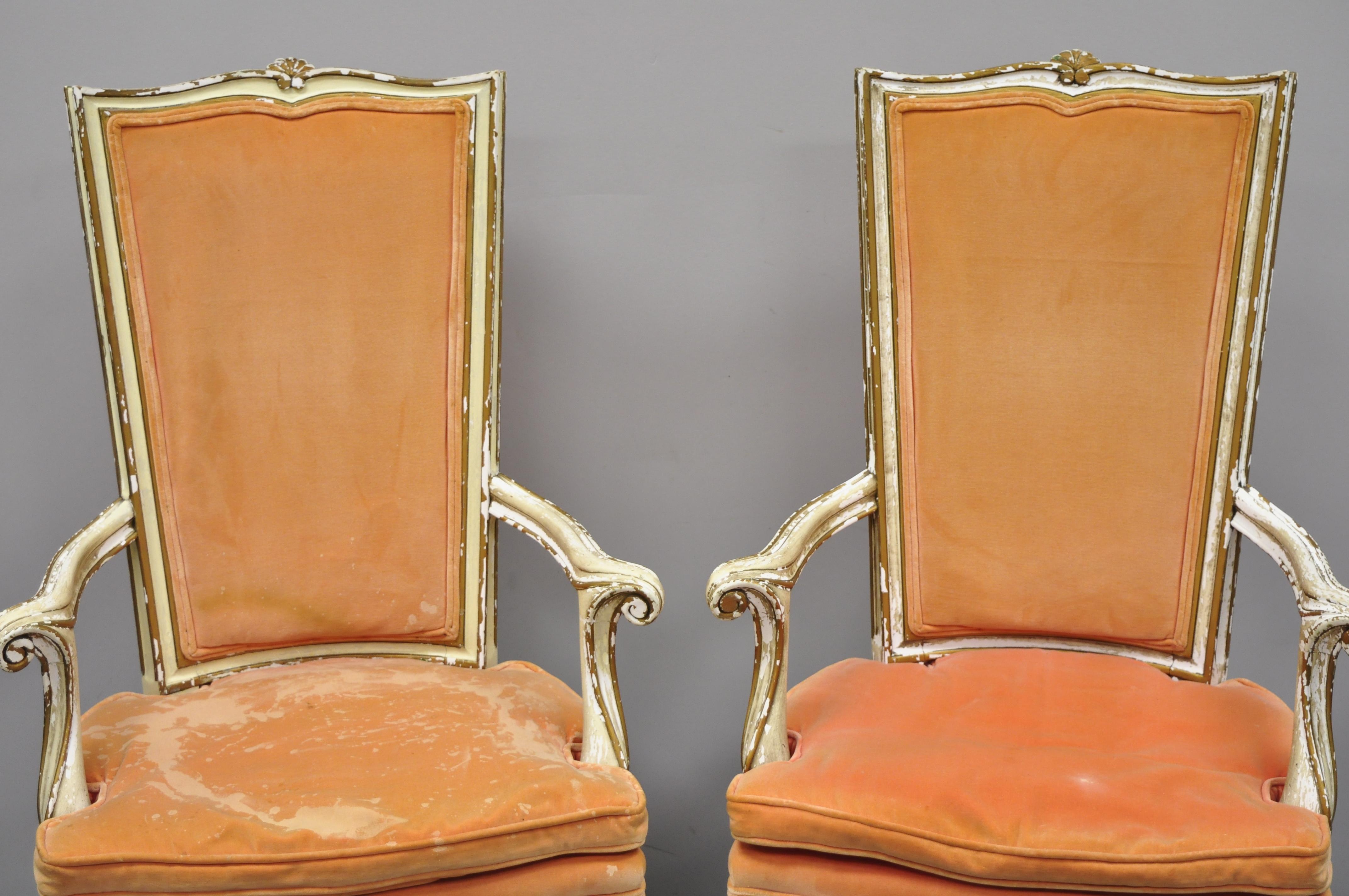 Hollywood Regency Pair of Karges Italian Venetian Cream & Gold Distress Painted Dining Armchairs