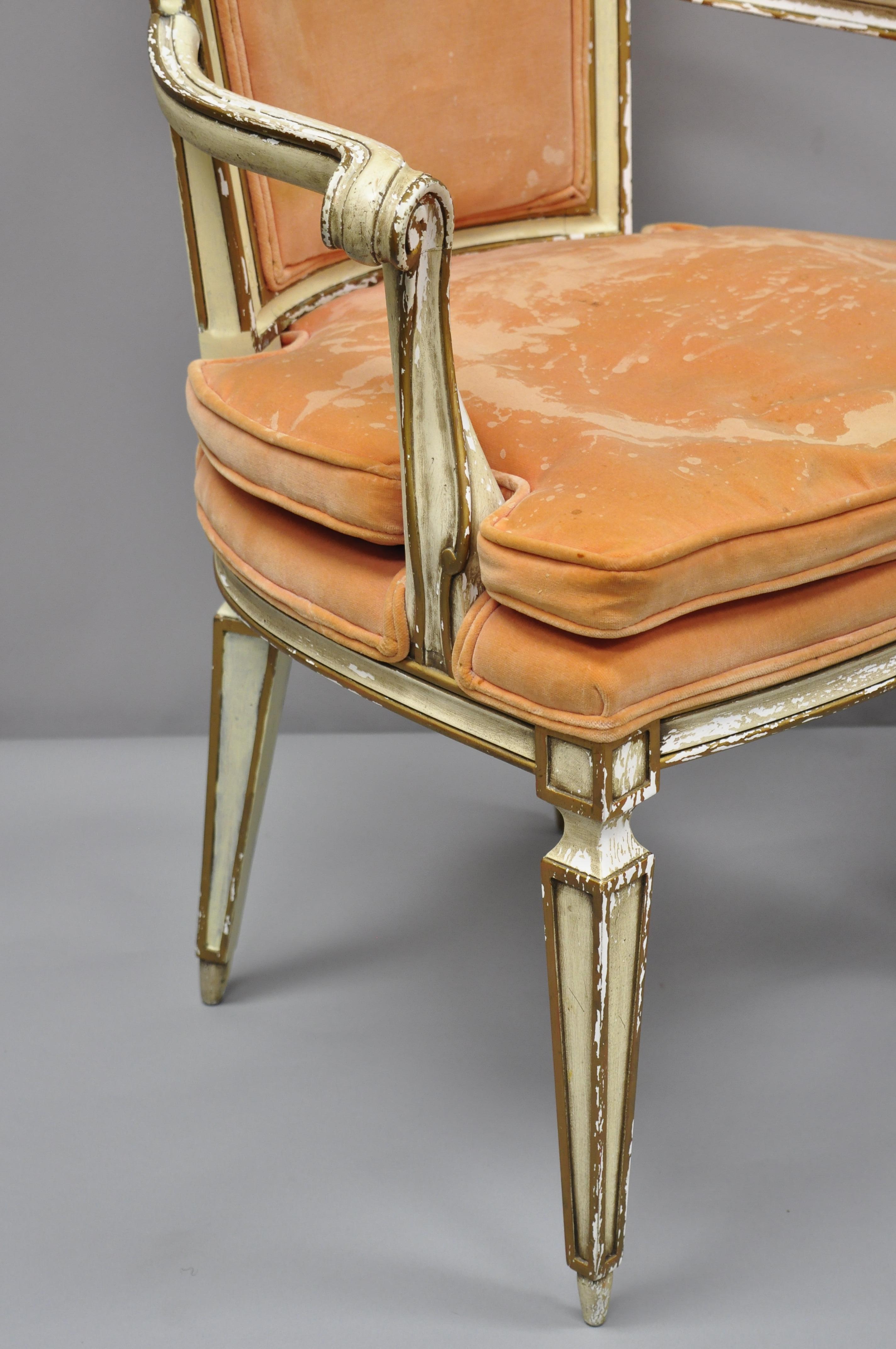 Pair of Karges Italian Venetian Cream & Gold Distress Painted Dining Armchairs In Distressed Condition In Philadelphia, PA