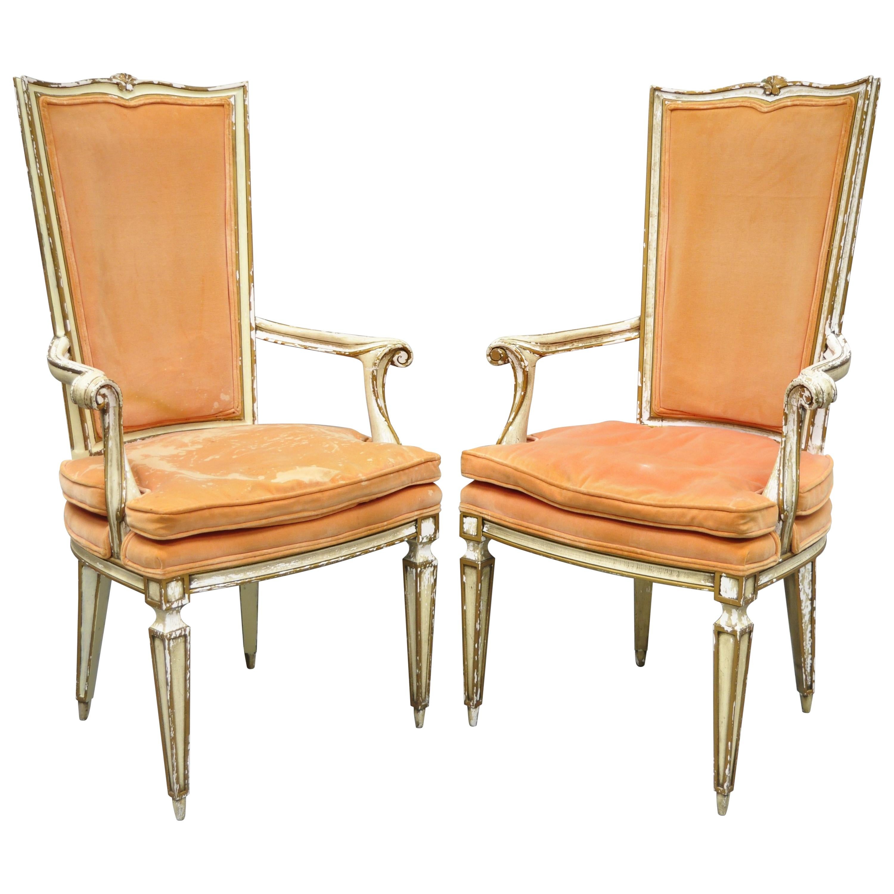 Pair of Karges Italian Venetian Cream & Gold Distress Painted Dining Armchairs