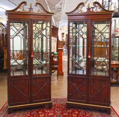 Pair Of Karges Mahogany Chinese Chippendale Beveled Crystal Glass Cabinets