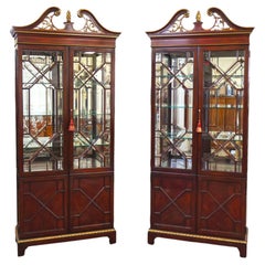 Pair Of Karges Mahogany Chinese Chippendale Beveled Crystal Glass Cabinets