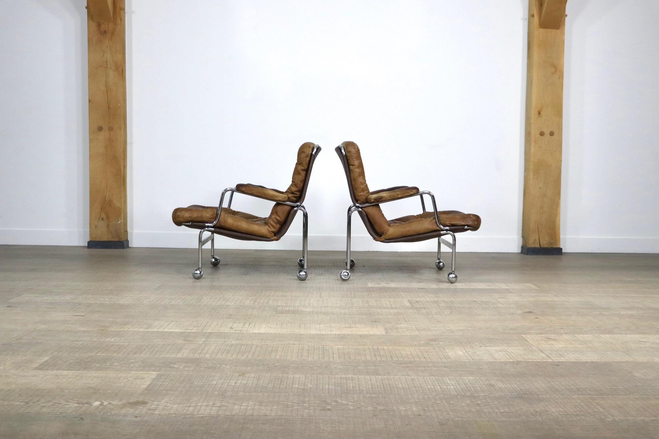 Pair of Karin Lounge Chairs in Tan Leather by Bruno Mathsson for DUX, 1970s 6