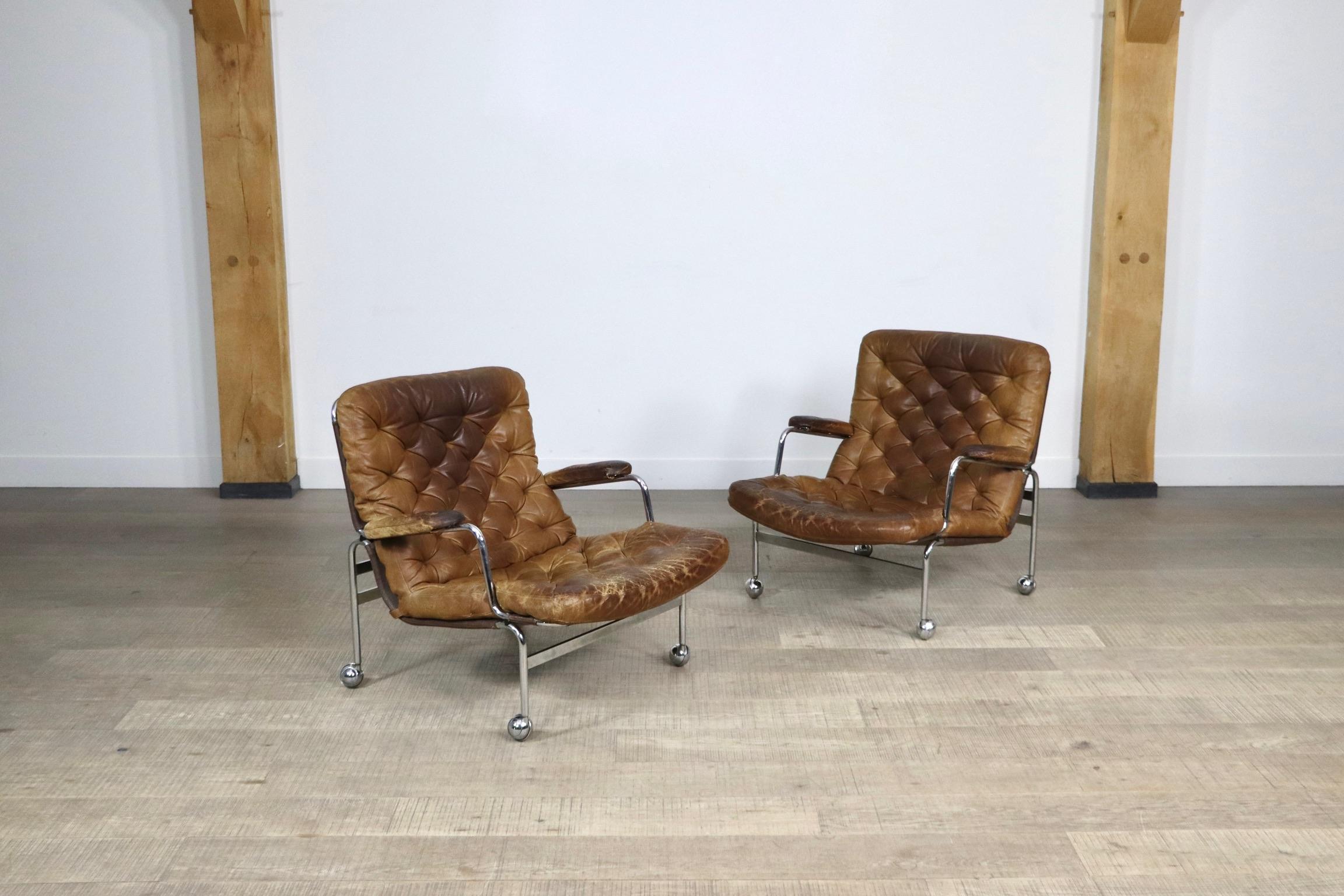 Pair of Karin Lounge Chairs in Tan Leather by Bruno Mathsson for DUX, 1970s 7