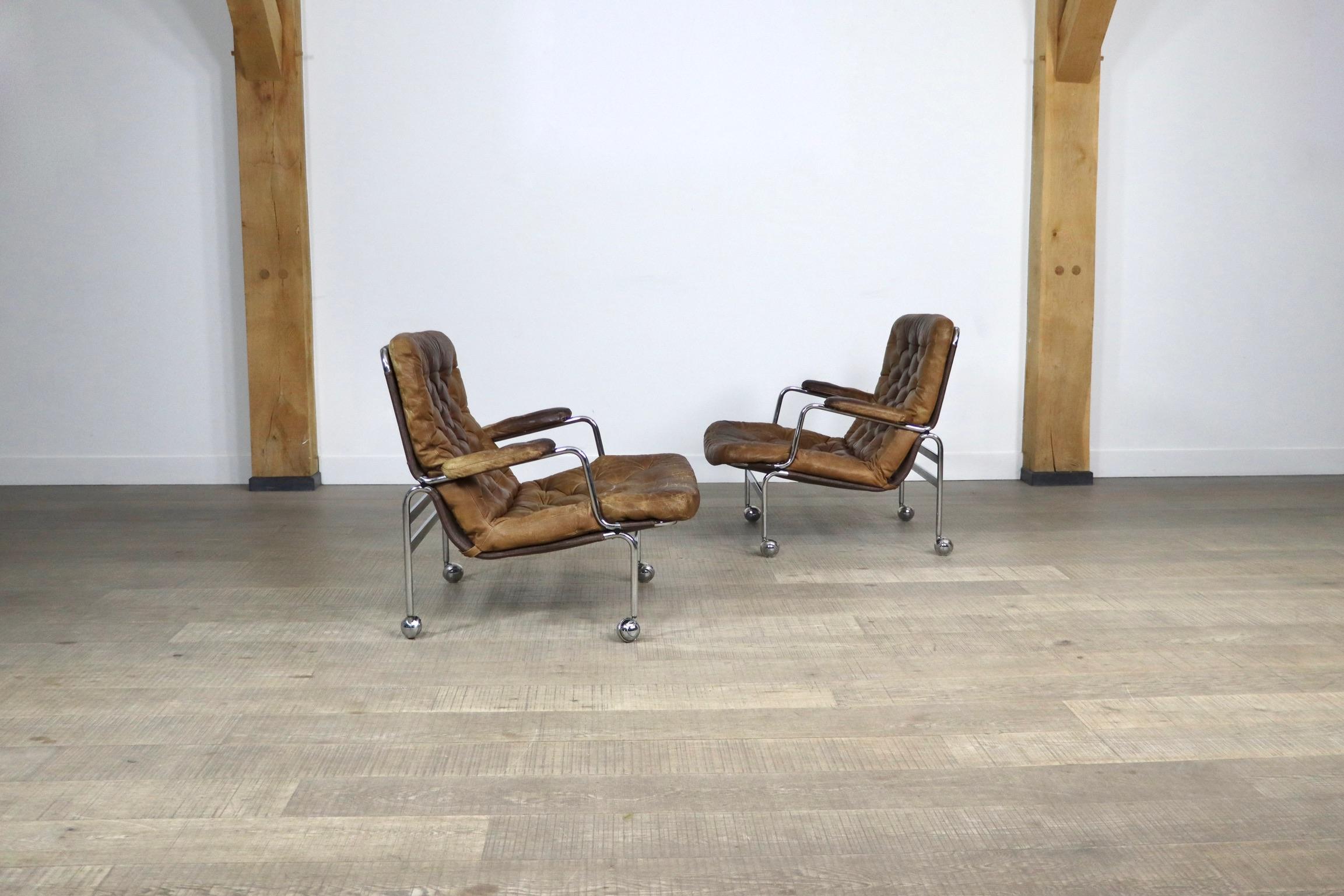 Pair of Karin Lounge Chairs in Tan Leather by Bruno Mathsson for DUX, 1970s 8