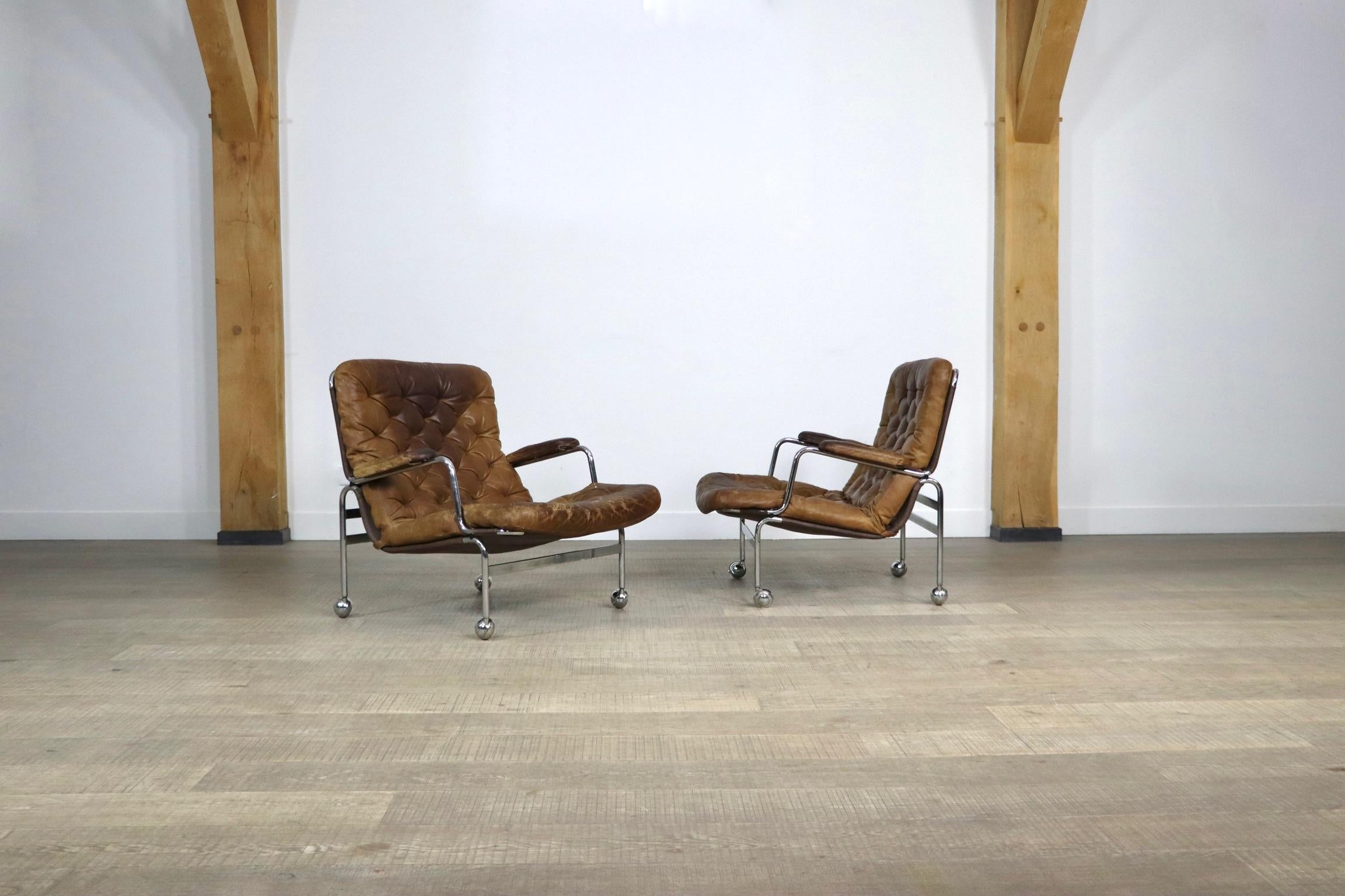 Pair of Karin Lounge Chairs in Tan Leather by Bruno Mathsson for DUX, 1970s 9