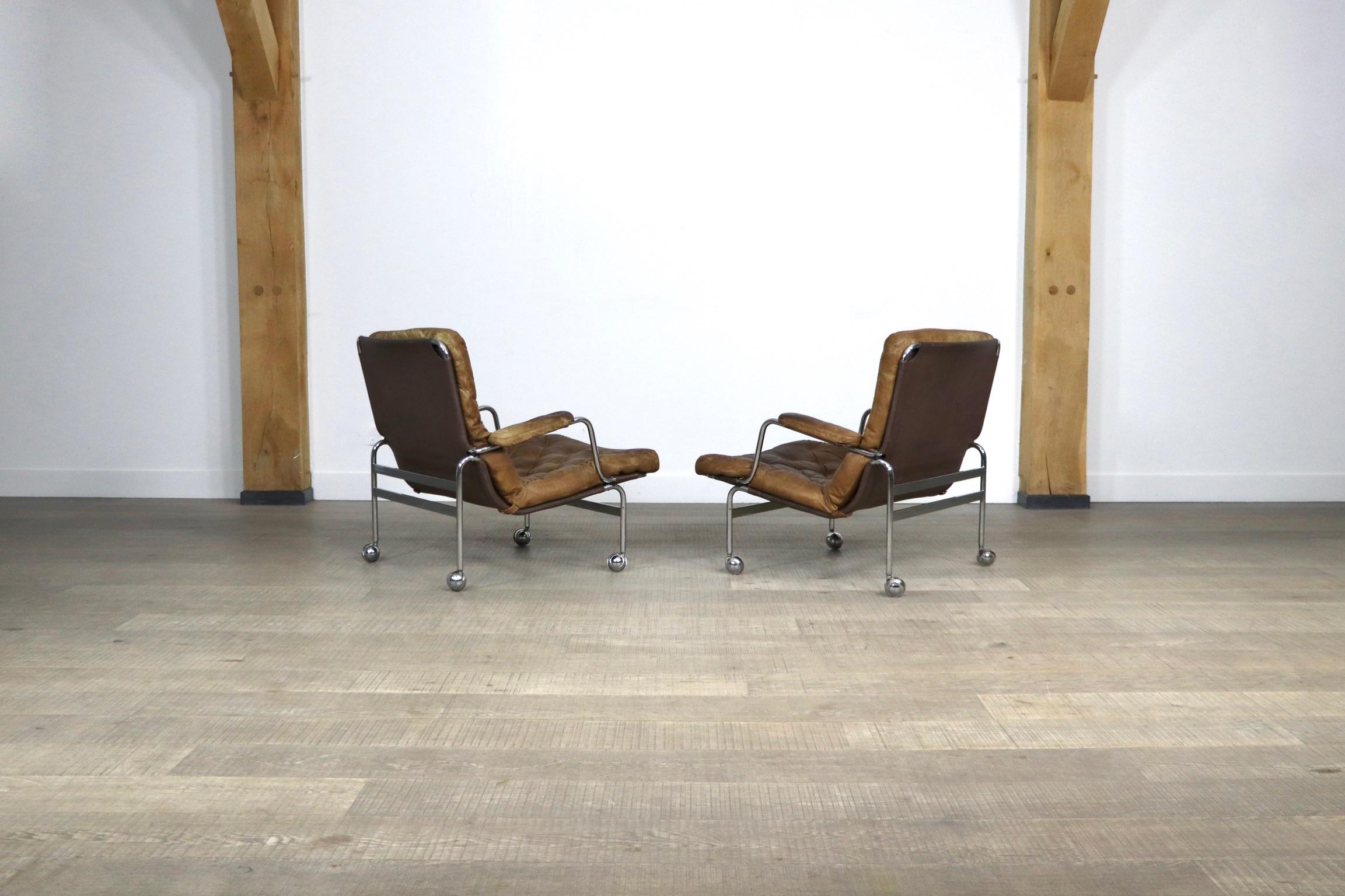 Pair of Karin Lounge Chairs in Tan Leather by Bruno Mathsson for DUX, 1970s 10