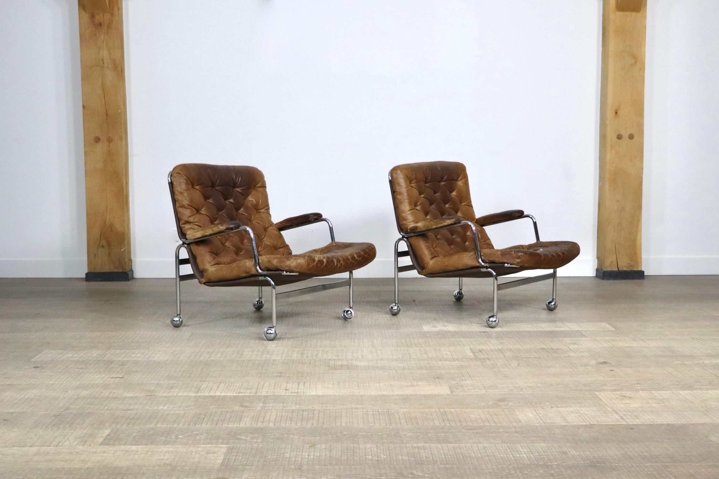 Pair of Karin Lounge Chairs in Tan Leather by Bruno Mathsson for DUX, 1970s 11