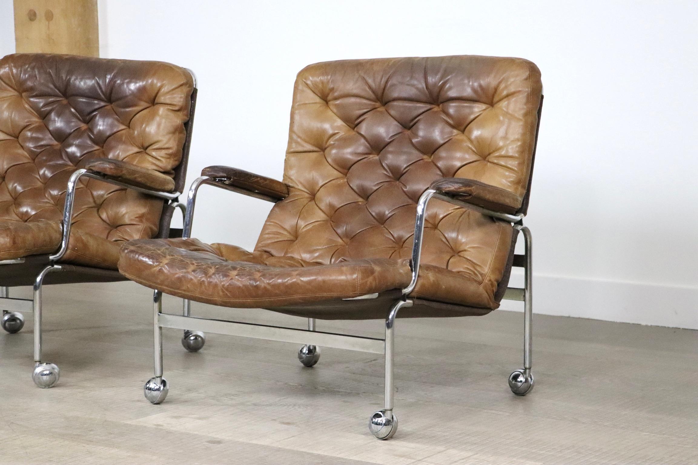 Mid-20th Century Pair of Karin Lounge Chairs in Tan Leather by Bruno Mathsson for DUX, 1970s