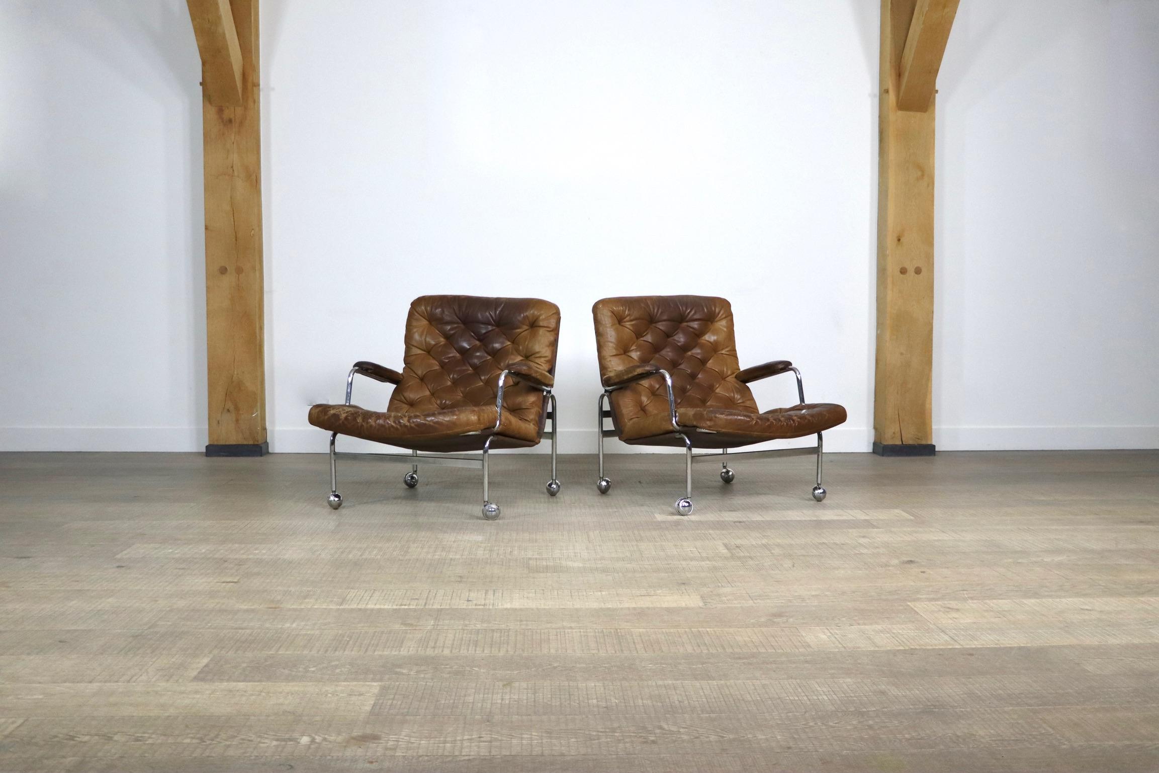 Pair of Karin Lounge Chairs in Tan Leather by Bruno Mathsson for DUX, 1970s 1