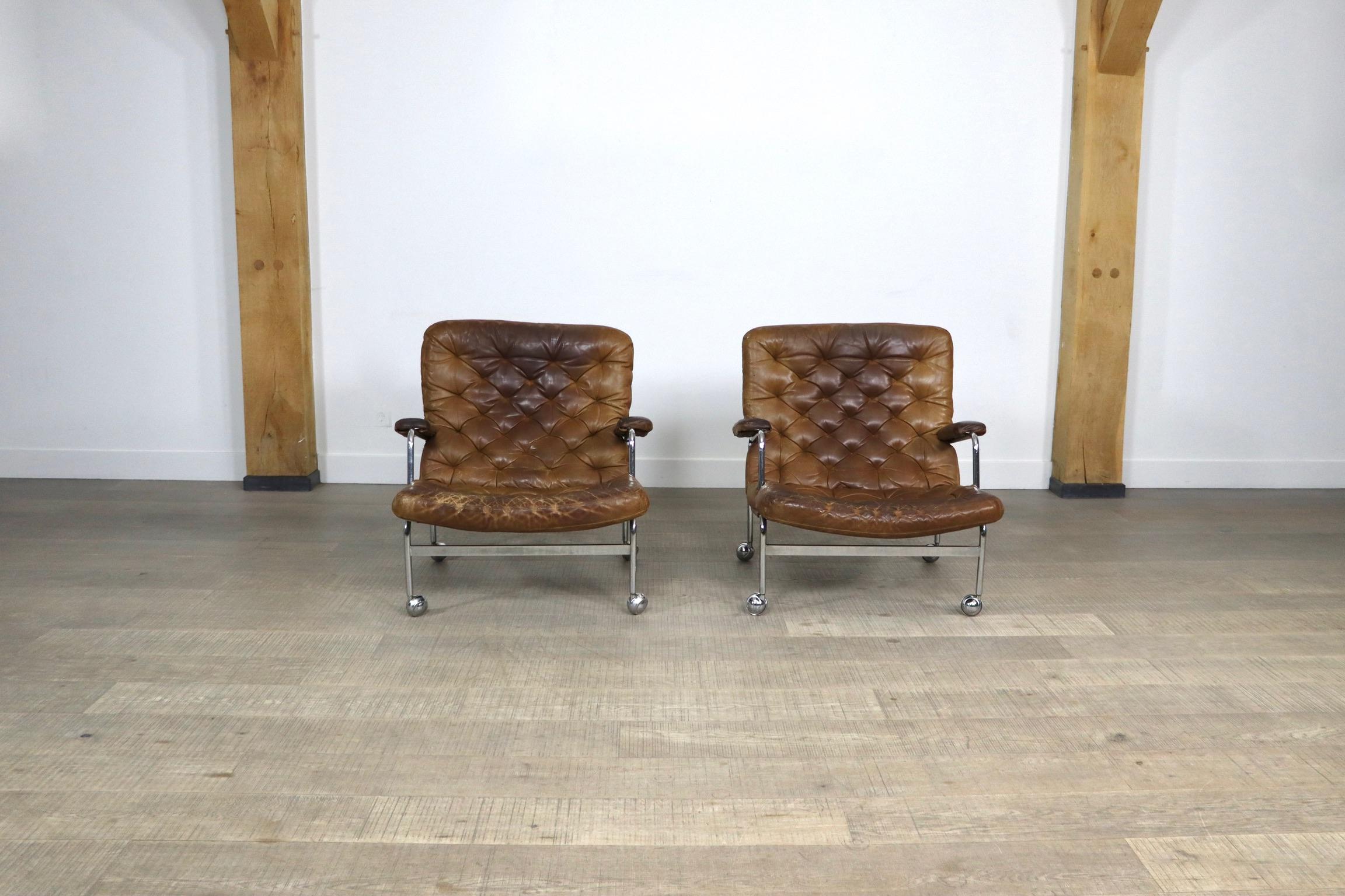Pair of Karin Lounge Chairs in Tan Leather by Bruno Mathsson for DUX, 1970s 2