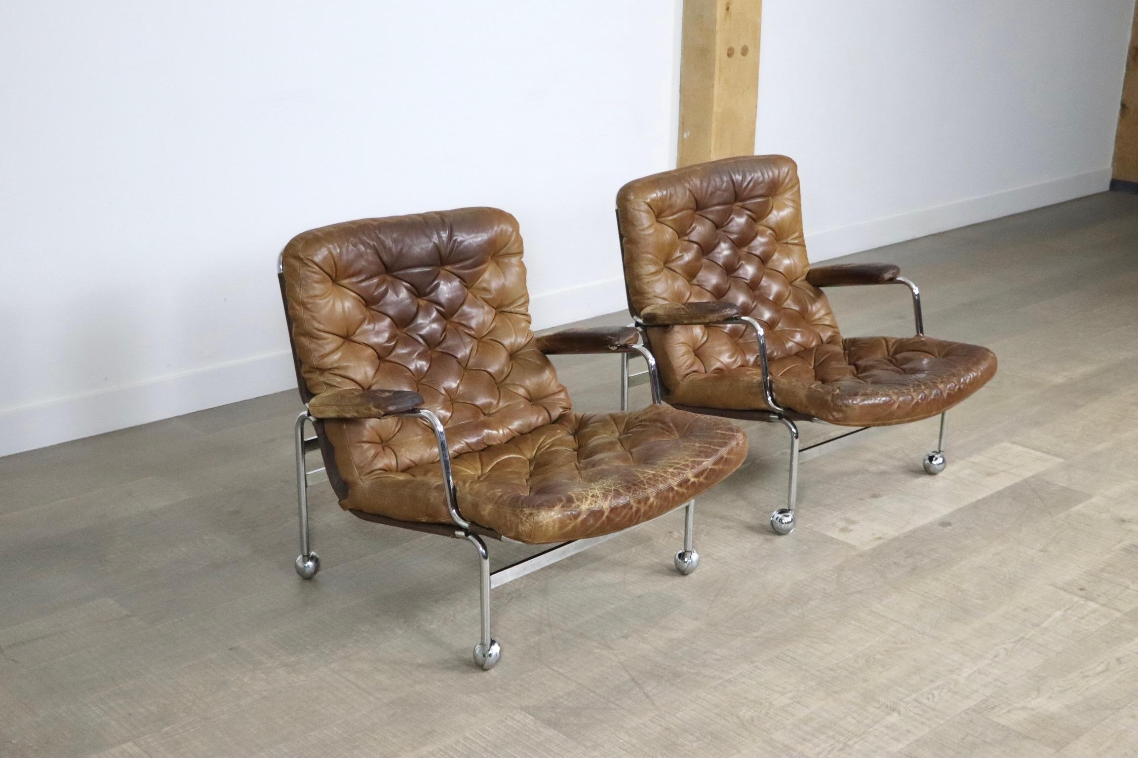 Pair of Karin Lounge Chairs in Tan Leather by Bruno Mathsson for DUX, 1970s 4