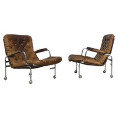 Pair of Karin Lounge Chairs in Tan Leather by Bruno Mathsson for DUX, 1970s