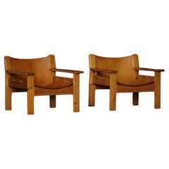 Ein Paar Karin Mobring Style Sessel aus Kiefer und Leder, Schweden, 1970er Jahre