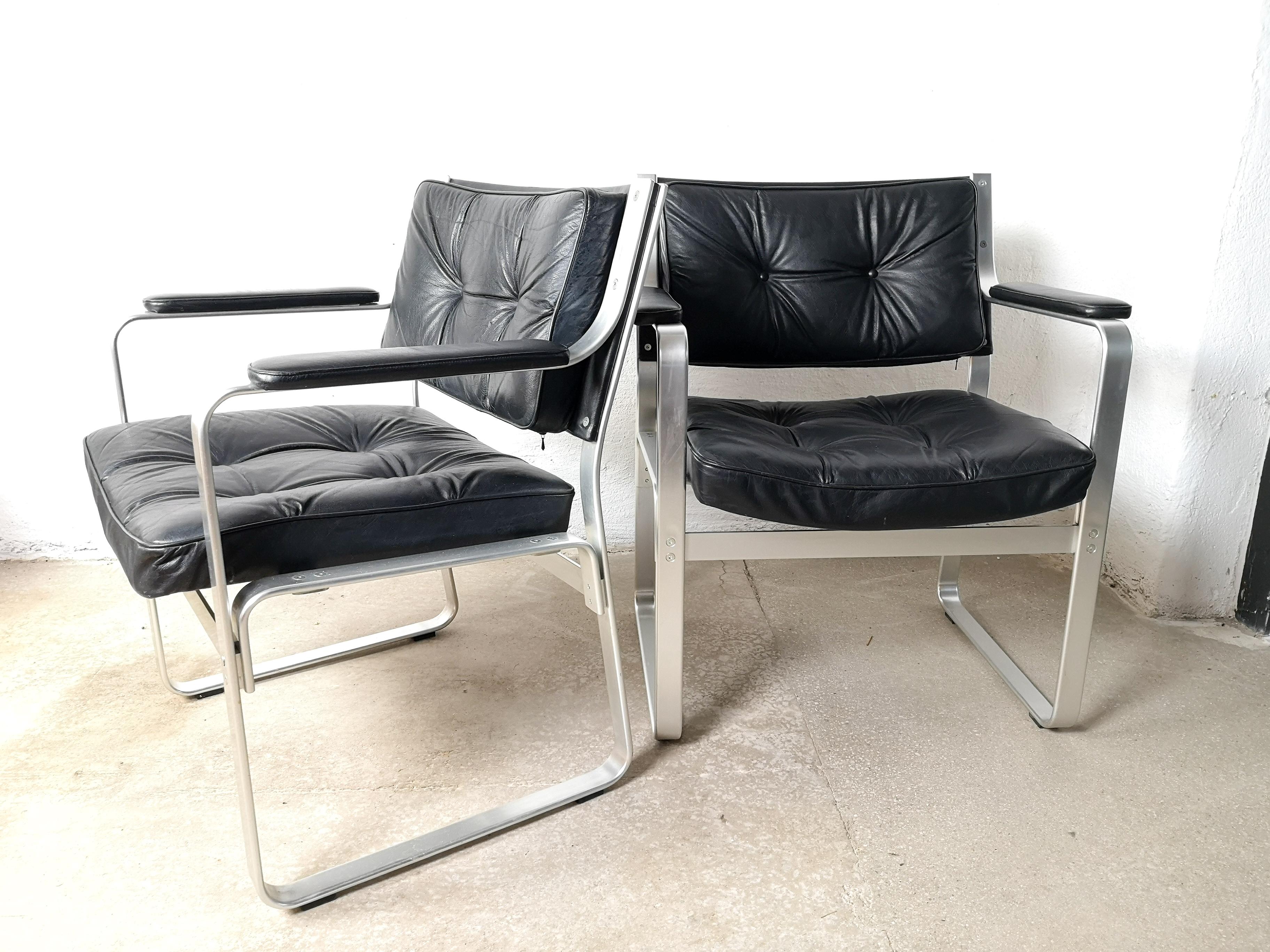 Scandinavian Modern Pair of Karl-Erik Ekselius Leather and Aluminium Mondo Armchairs