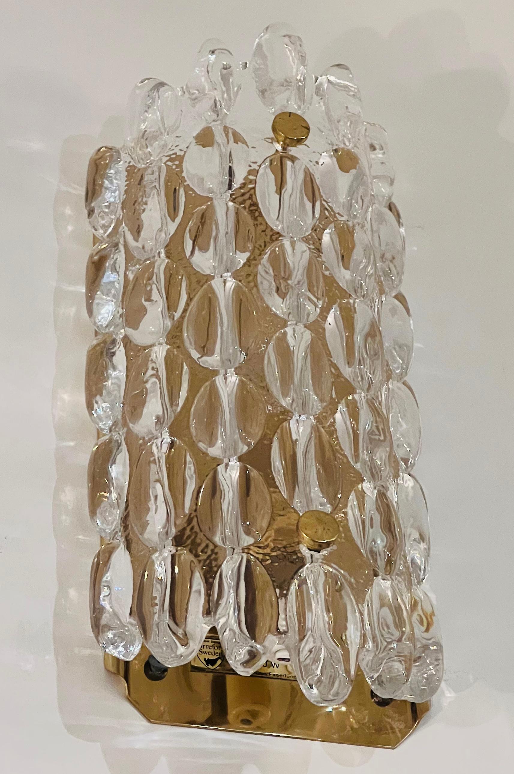 Mid-Century Modern Pair of Karl Fagerland Orrefors Crystal Wall Lights For Sale