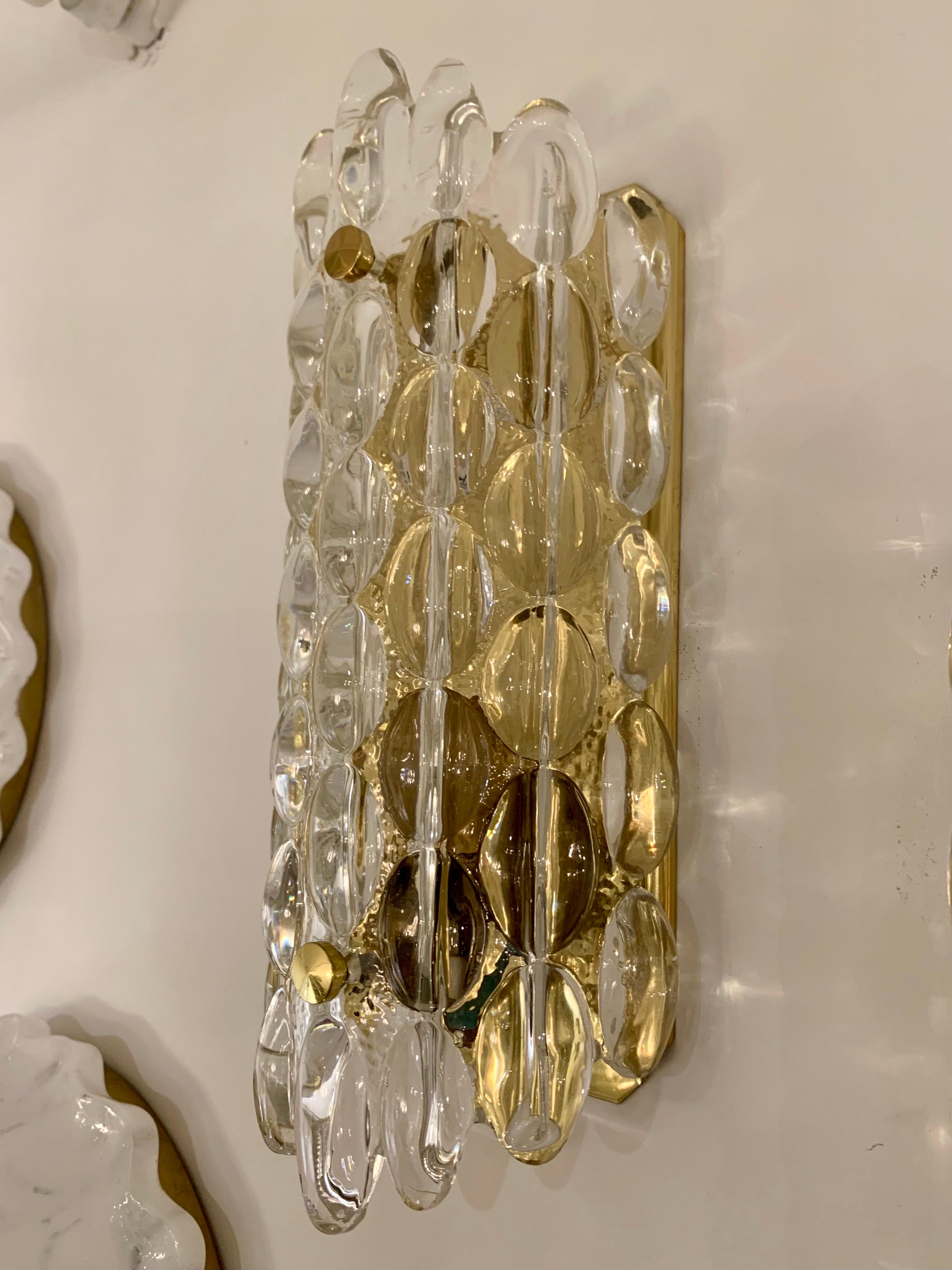 Brass Pair of Karl Fagerland Orrefors Crystal Wall Lights