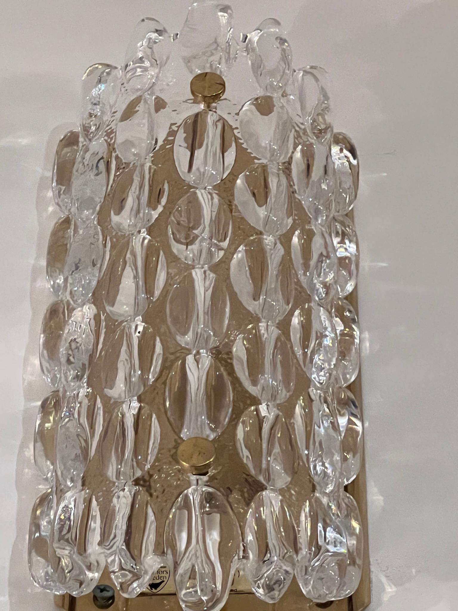 Brass Pair of Karl Fagerland Orrefors Crystal Wall Lights For Sale