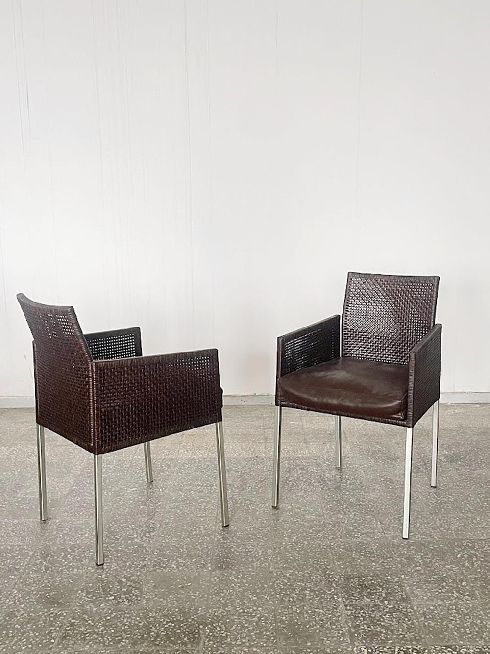 Modern Pair of Karl-Friedrich Förster Leather and Rattan Chairs Germany 1990s For Sale