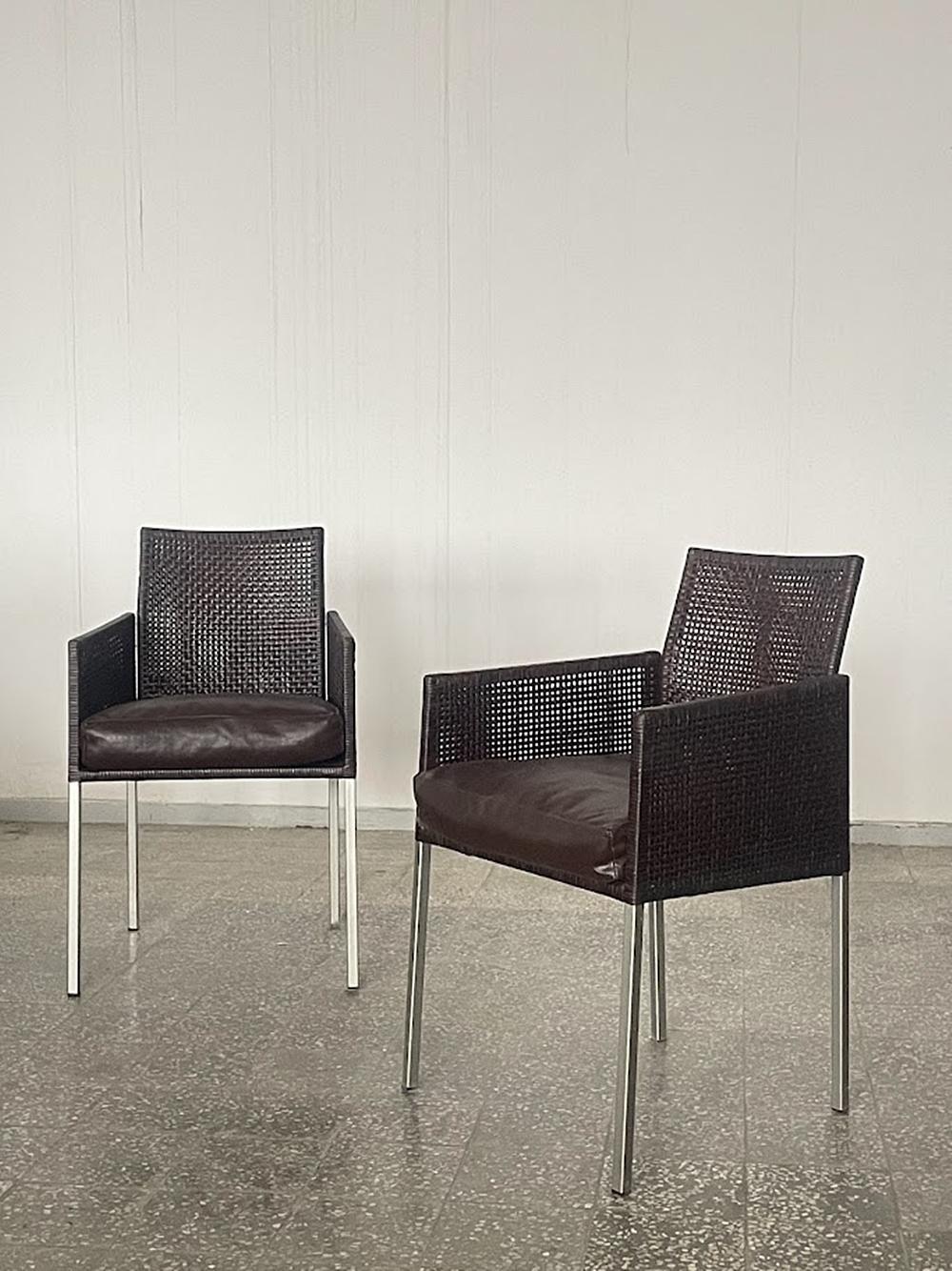 Pair of Karl-Friedrich Förster Leather and Rattan Chairs Germany 1990s In Good Condition For Sale In Debrecen, HU