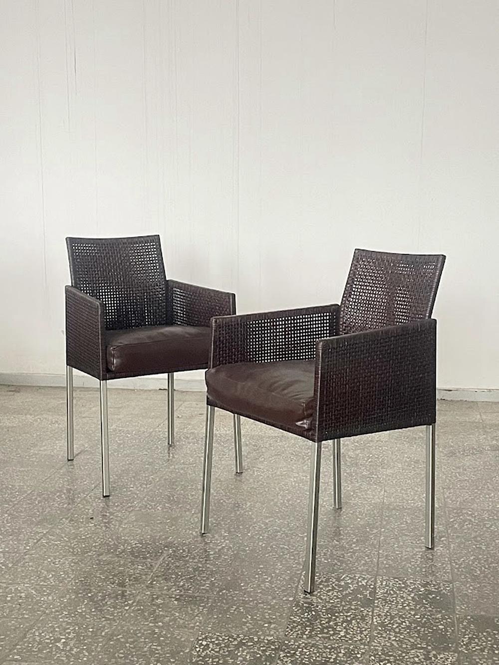 Late 20th Century Pair of Karl-Friedrich Förster Leather and Rattan Chairs Germany 1990s For Sale