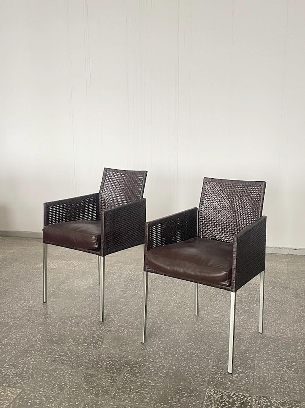 Steel Pair of Karl-Friedrich Förster Leather and Rattan Chairs Germany 1990s For Sale