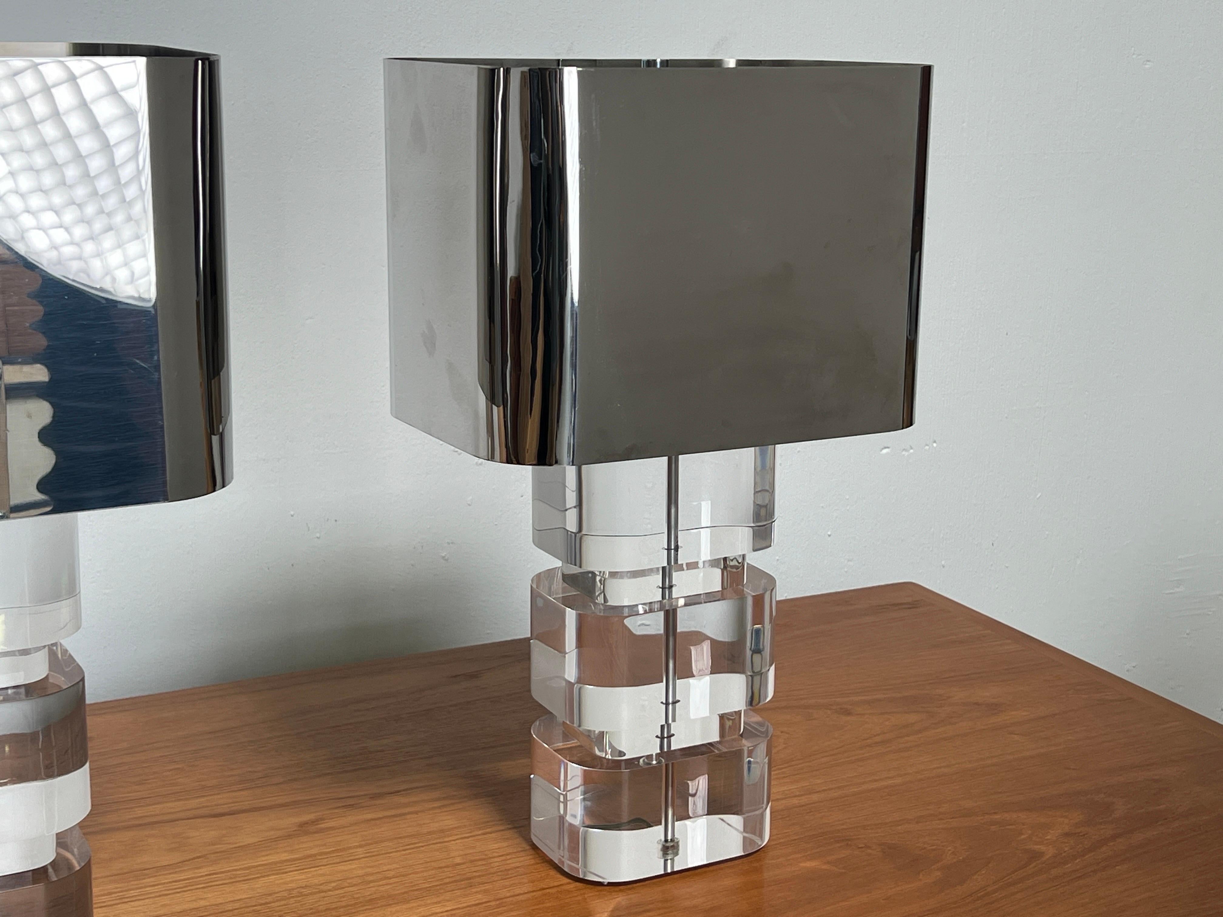 Pair of Karl Springer Acrylic Table Lamps with Stainless Steel Shades 6