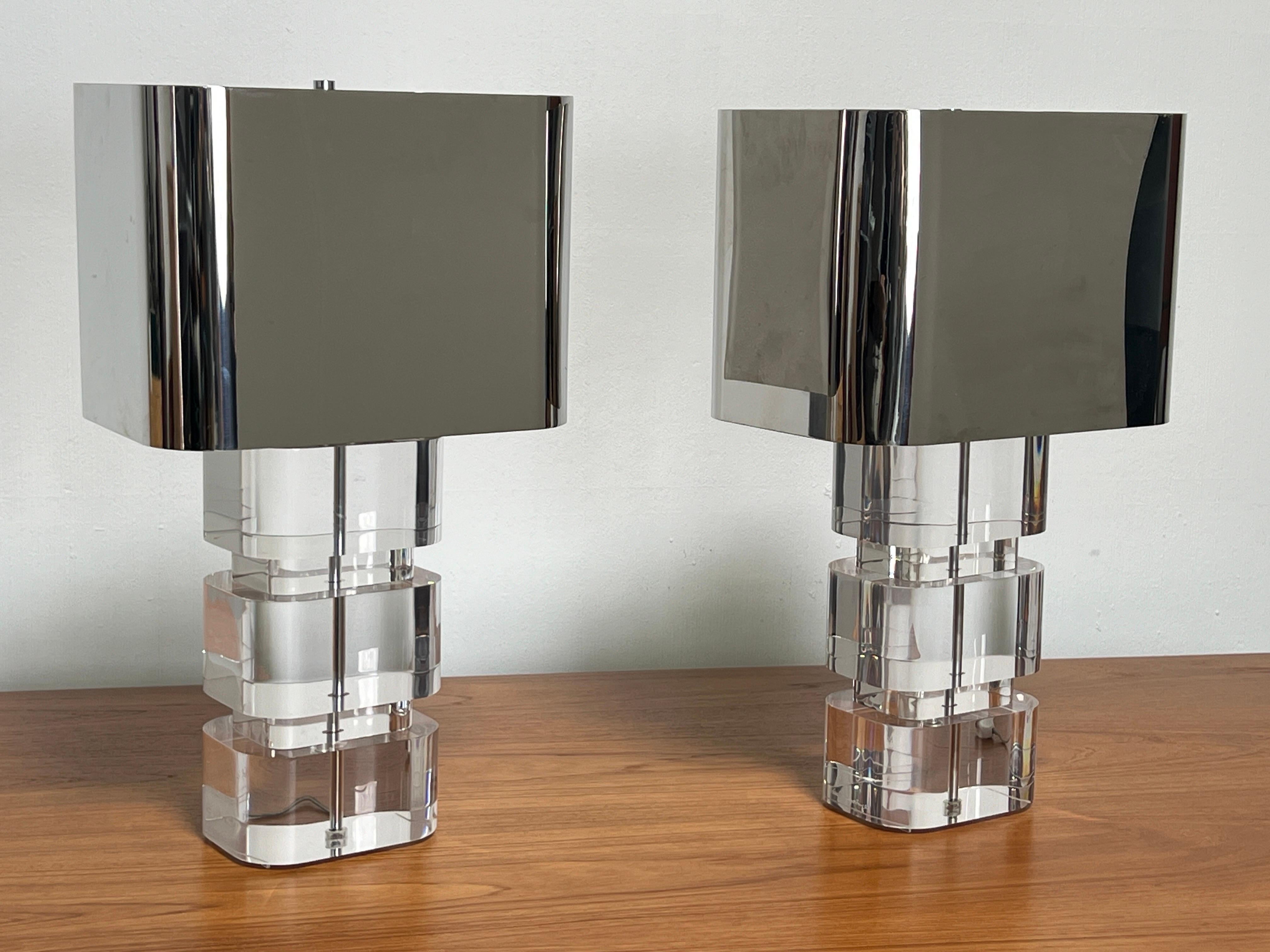 Pair of Karl Springer Acrylic Table Lamps with Stainless Steel Shades 8