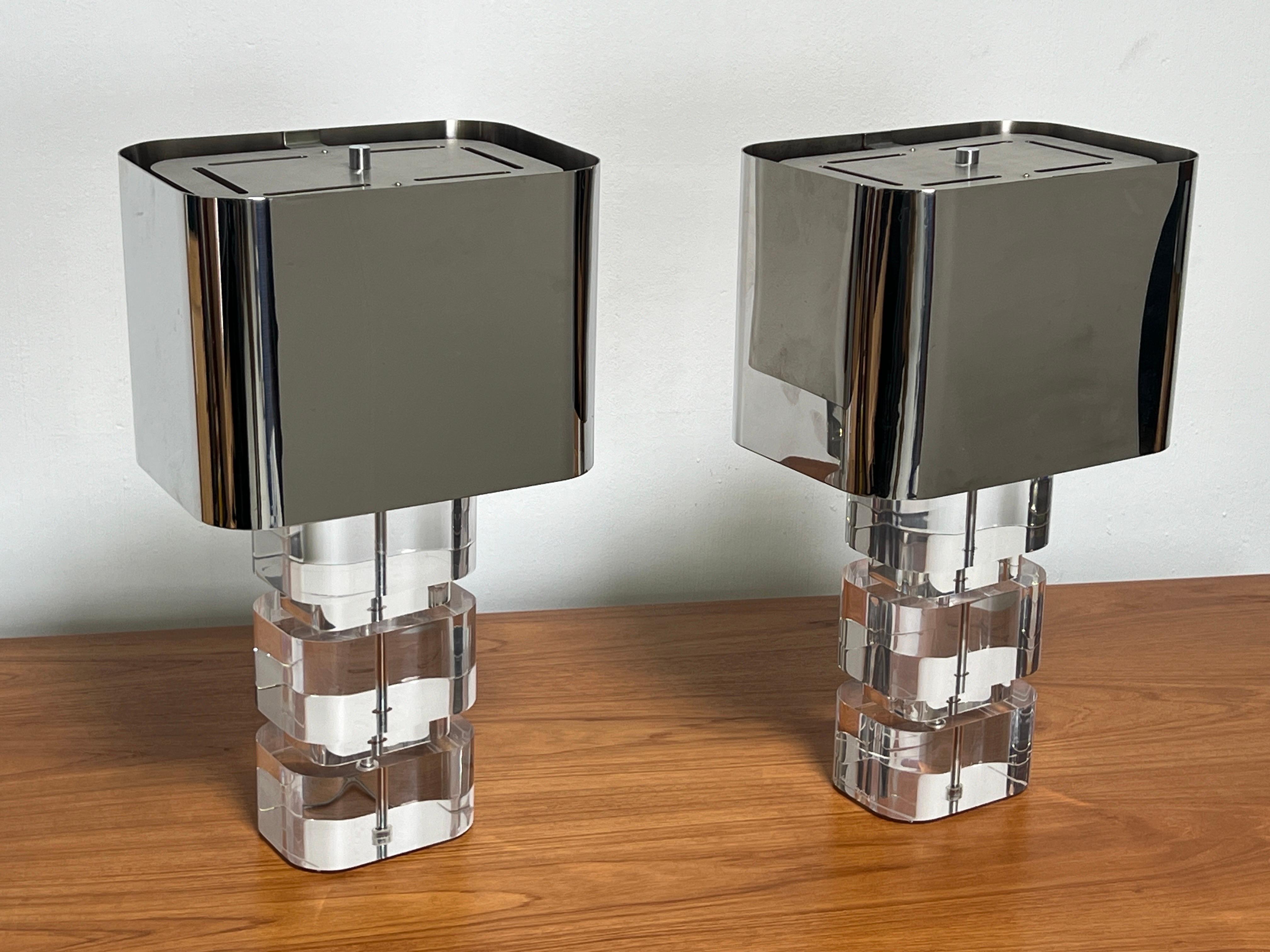Pair of Karl Springer Acrylic Table Lamps with Stainless Steel Shades 9