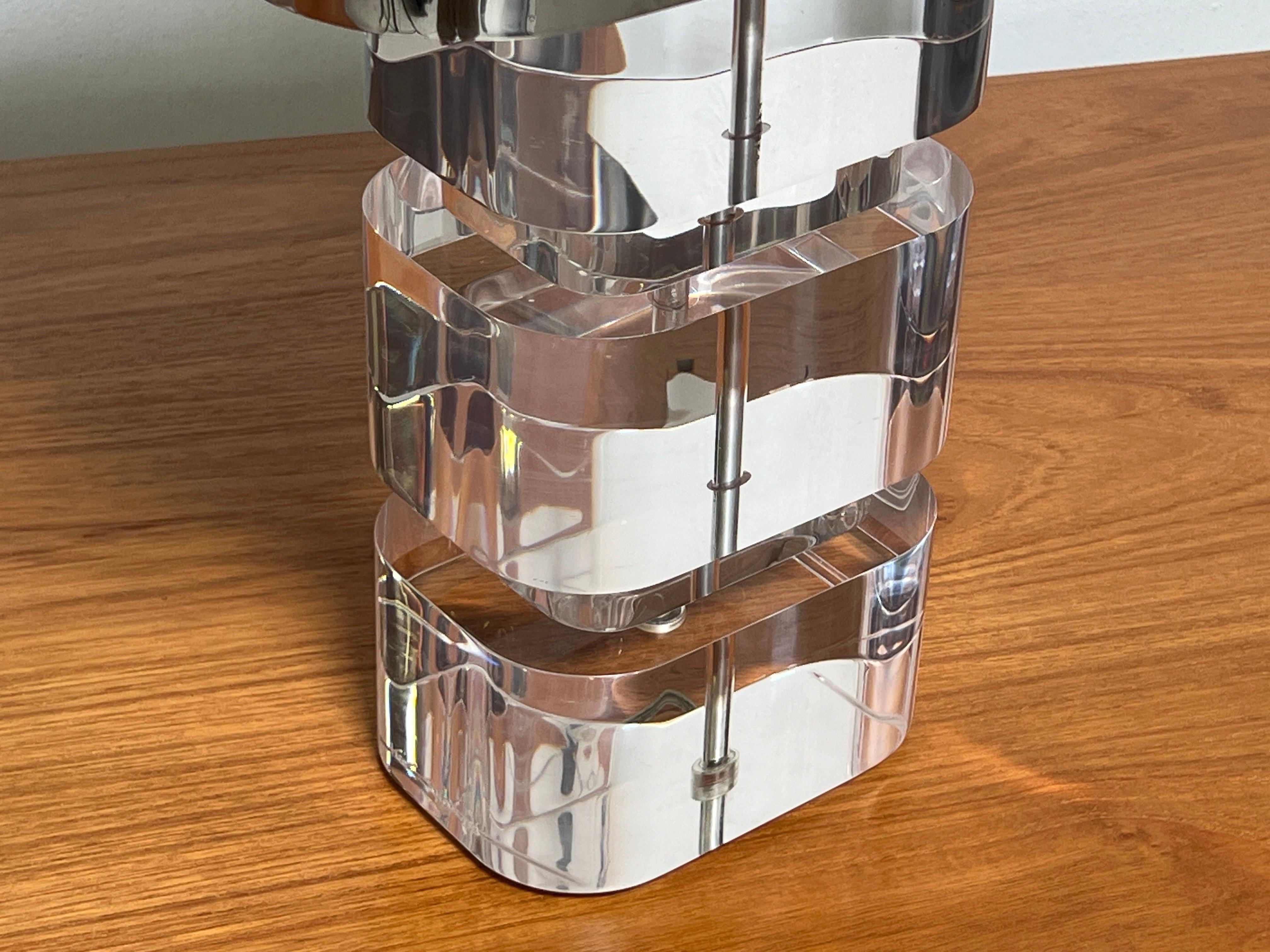 Pair of Karl Springer Acrylic Table Lamps with Stainless Steel Shades 12