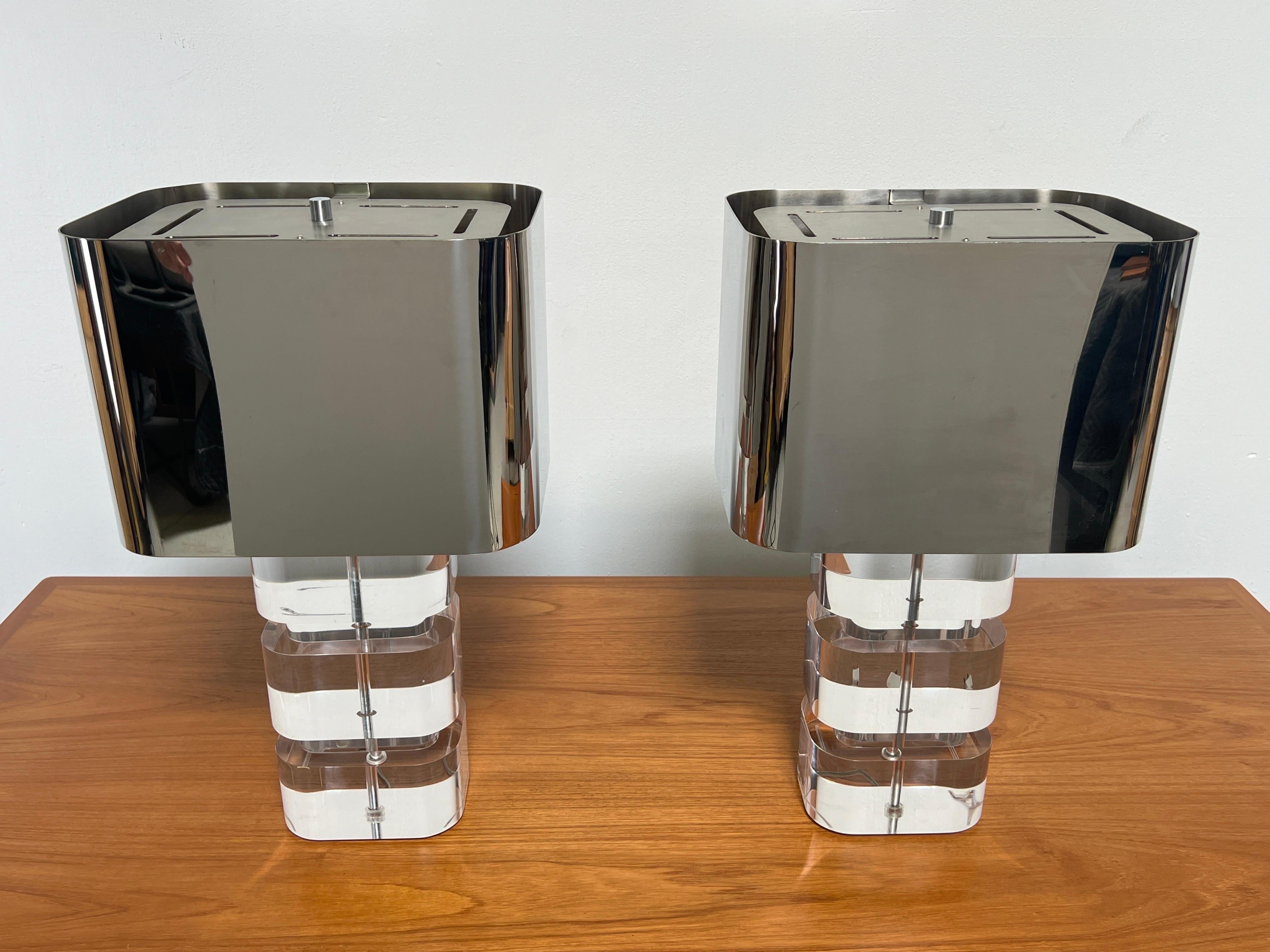 Pair of Karl Springer Acrylic Table Lamps with Stainless Steel Shades 13