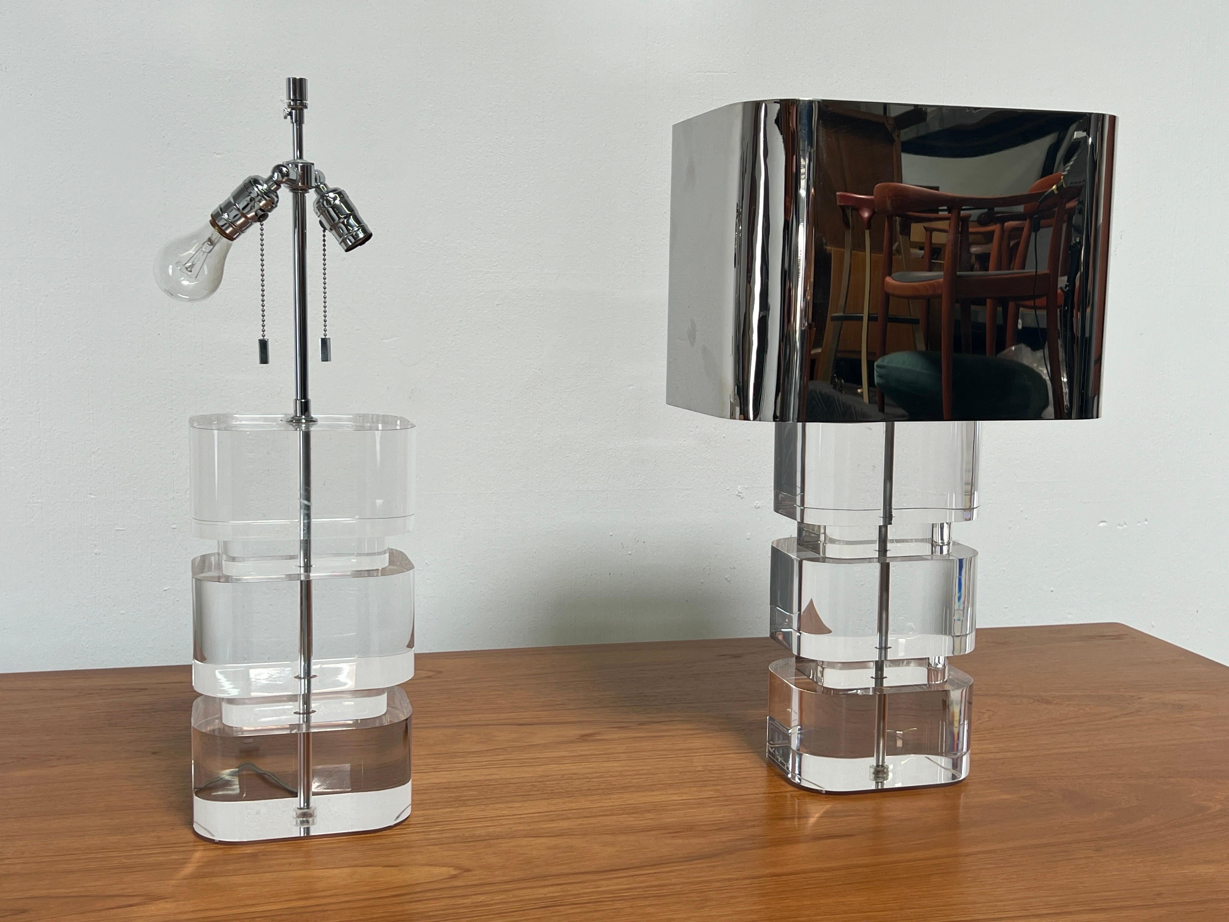 Pair of Karl Springer Acrylic Table Lamps with Stainless Steel Shades 14