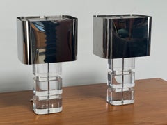 Pair of Karl Springer Acrylic Table Lamps with Stainless Steel Shades