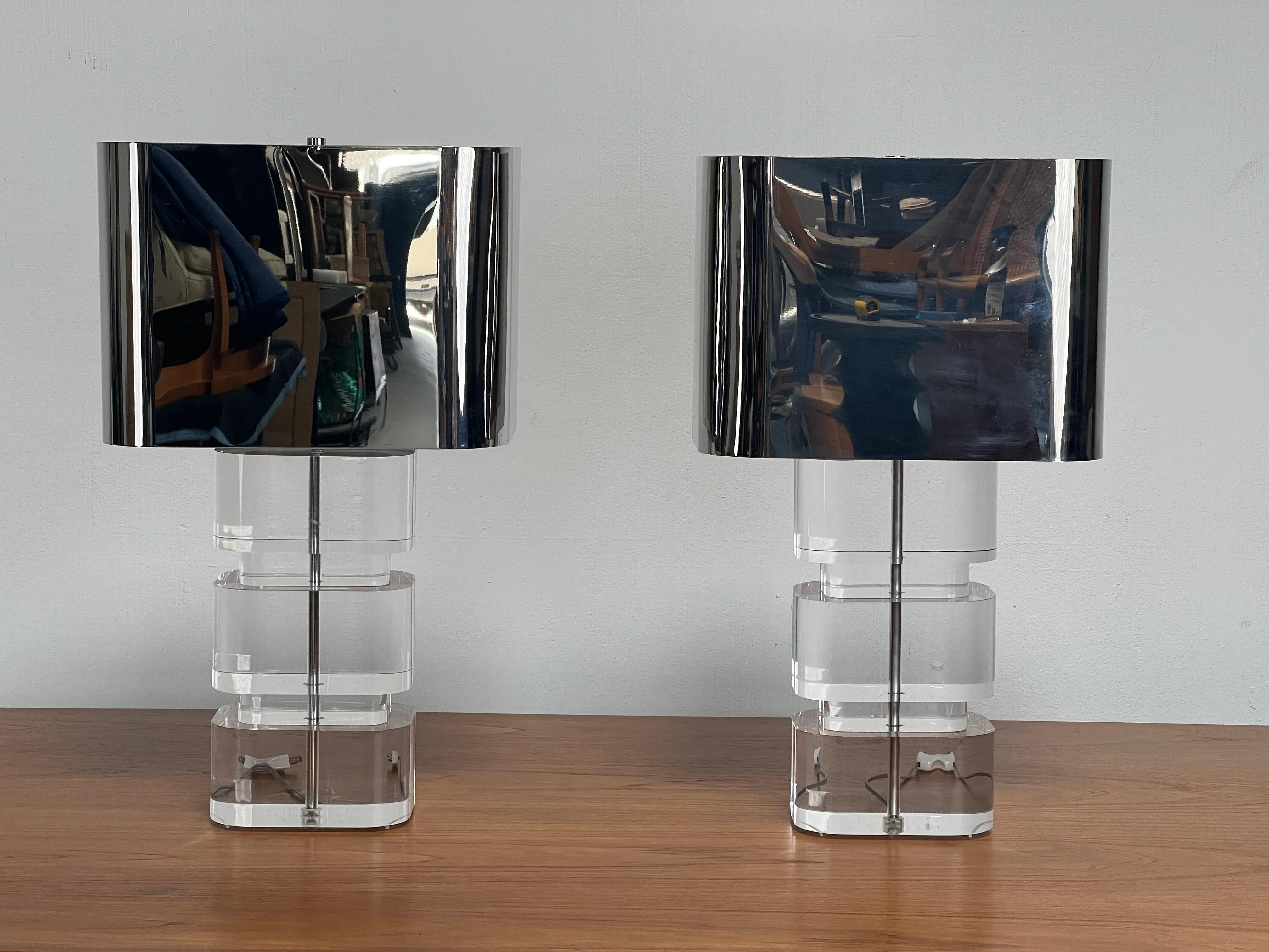 Pair of Karl Springer Acrylic Table Lamps with Stainless Steel Shades In Good Condition In Dallas, TX