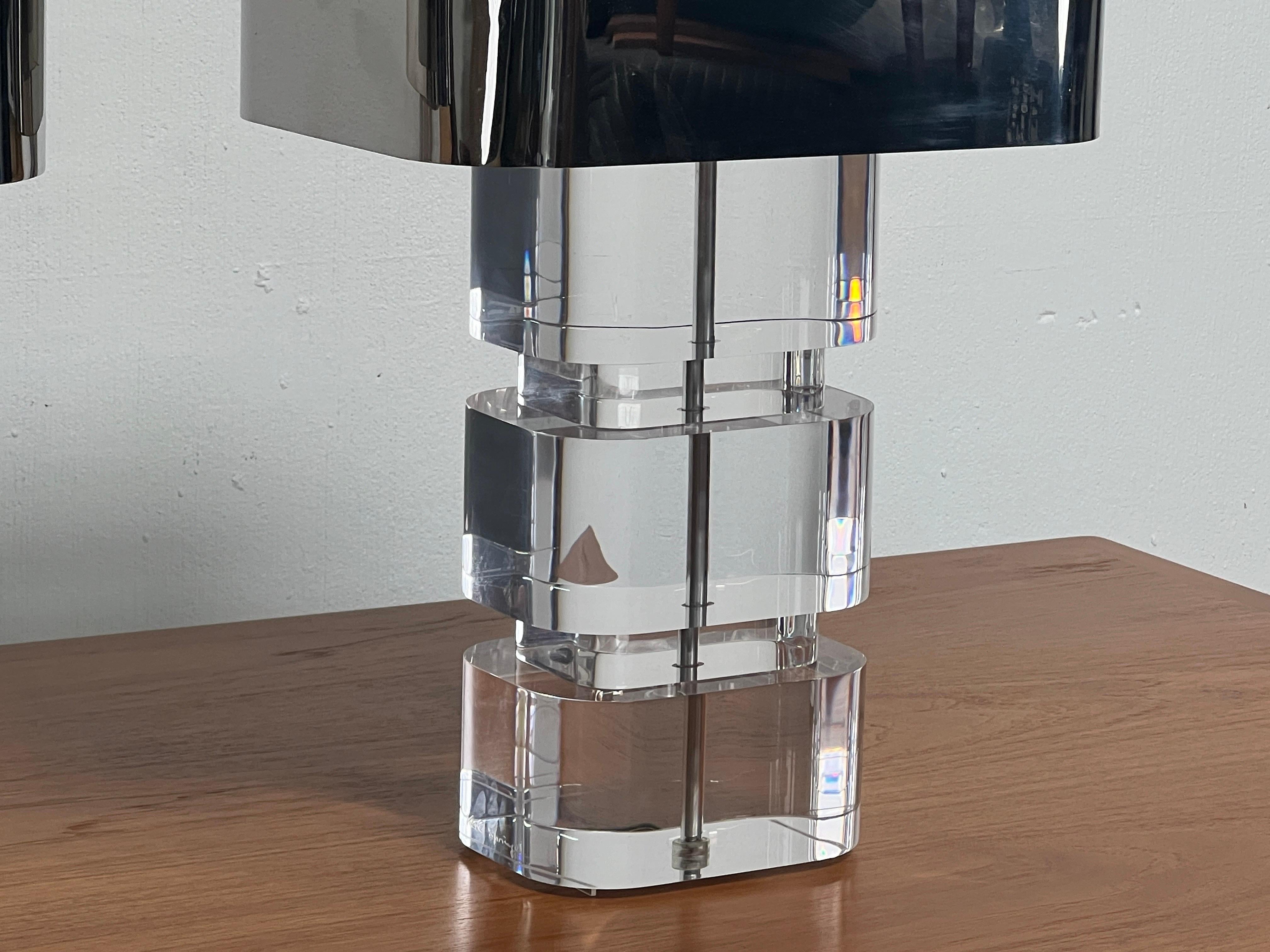 Late 20th Century Pair of Karl Springer Acrylic Table Lamps with Stainless Steel Shades
