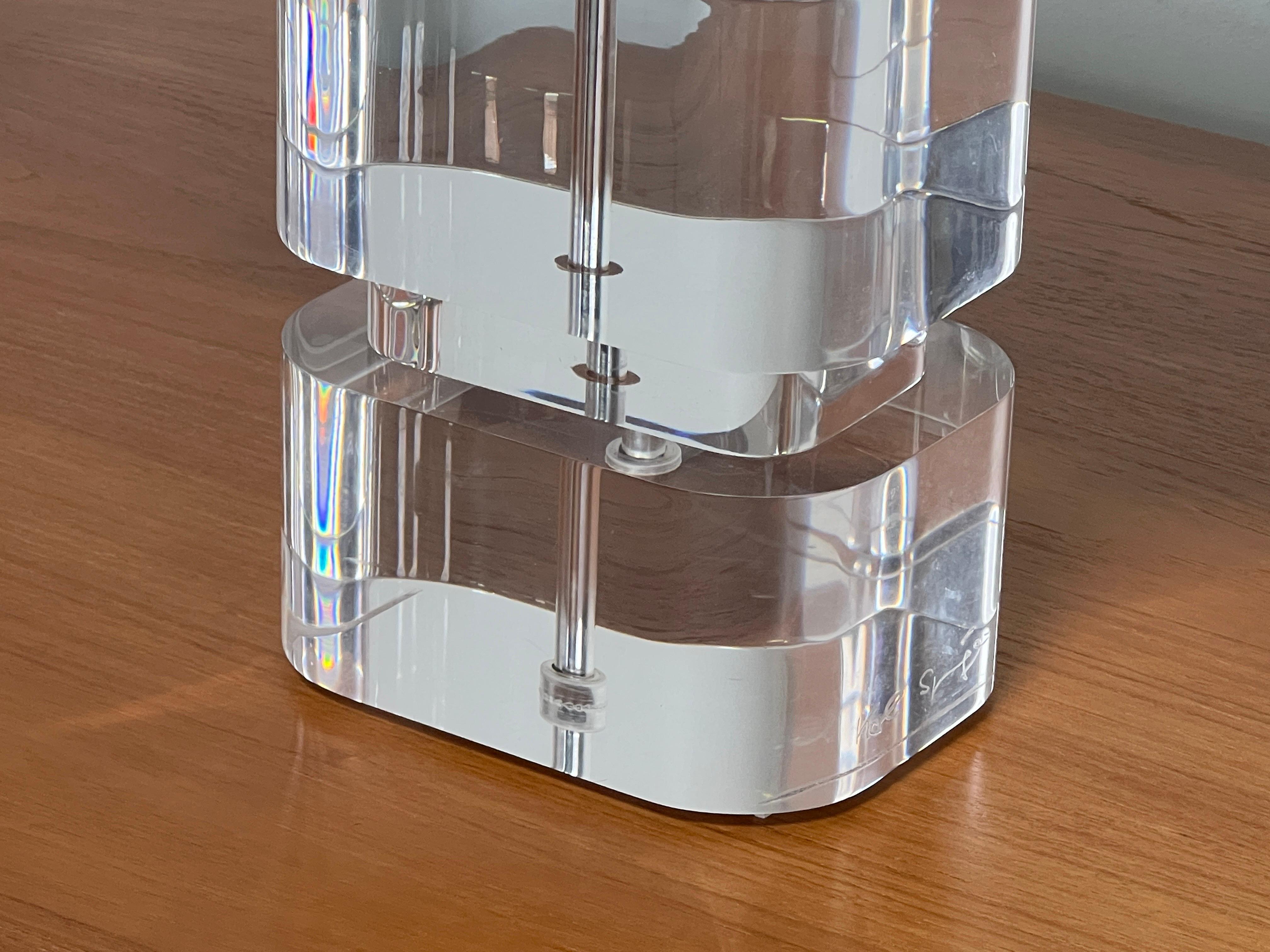 Pair of Karl Springer Acrylic Table Lamps with Stainless Steel Shades 1