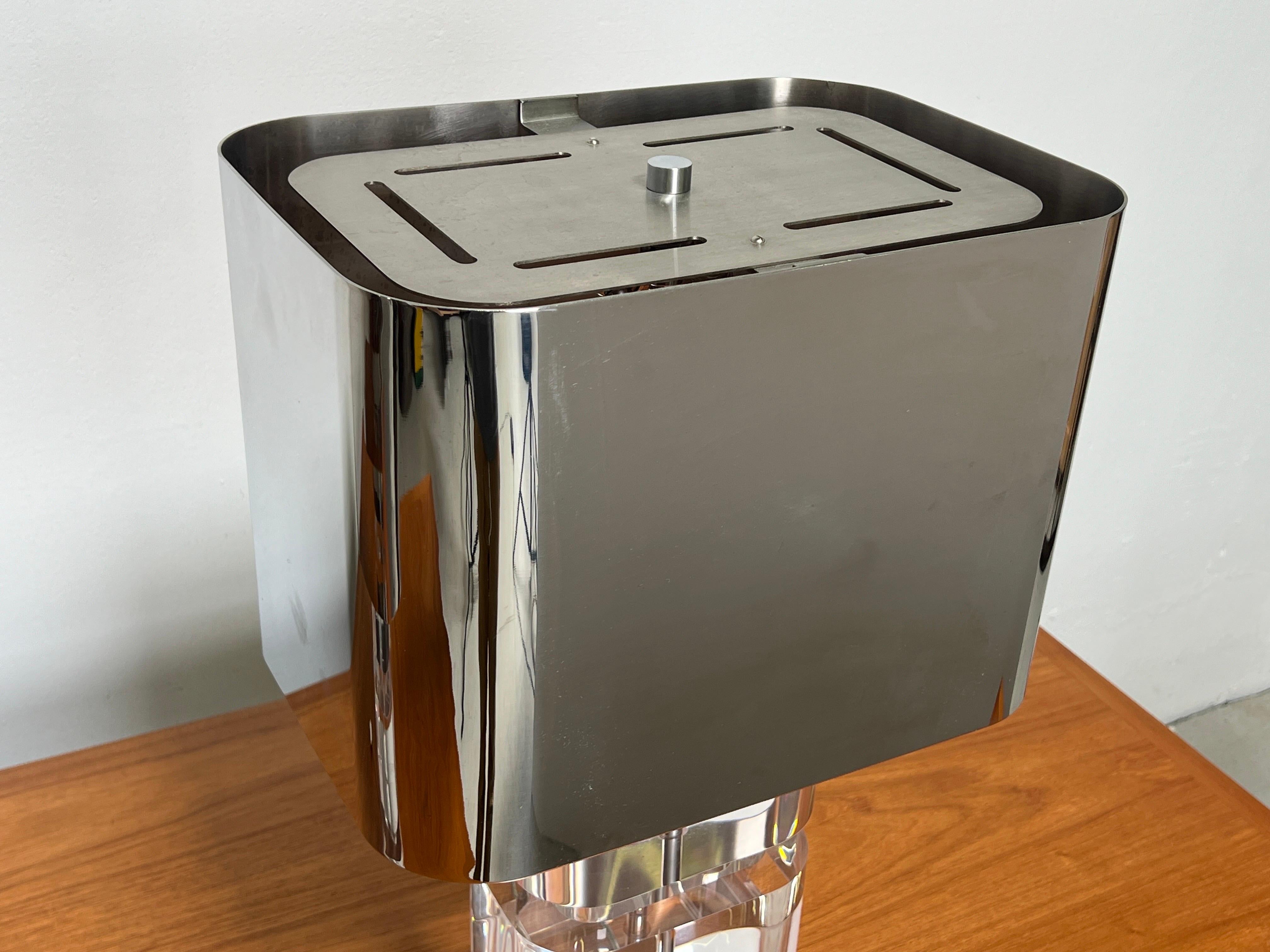 Pair of Karl Springer Acrylic Table Lamps with Stainless Steel Shades 4