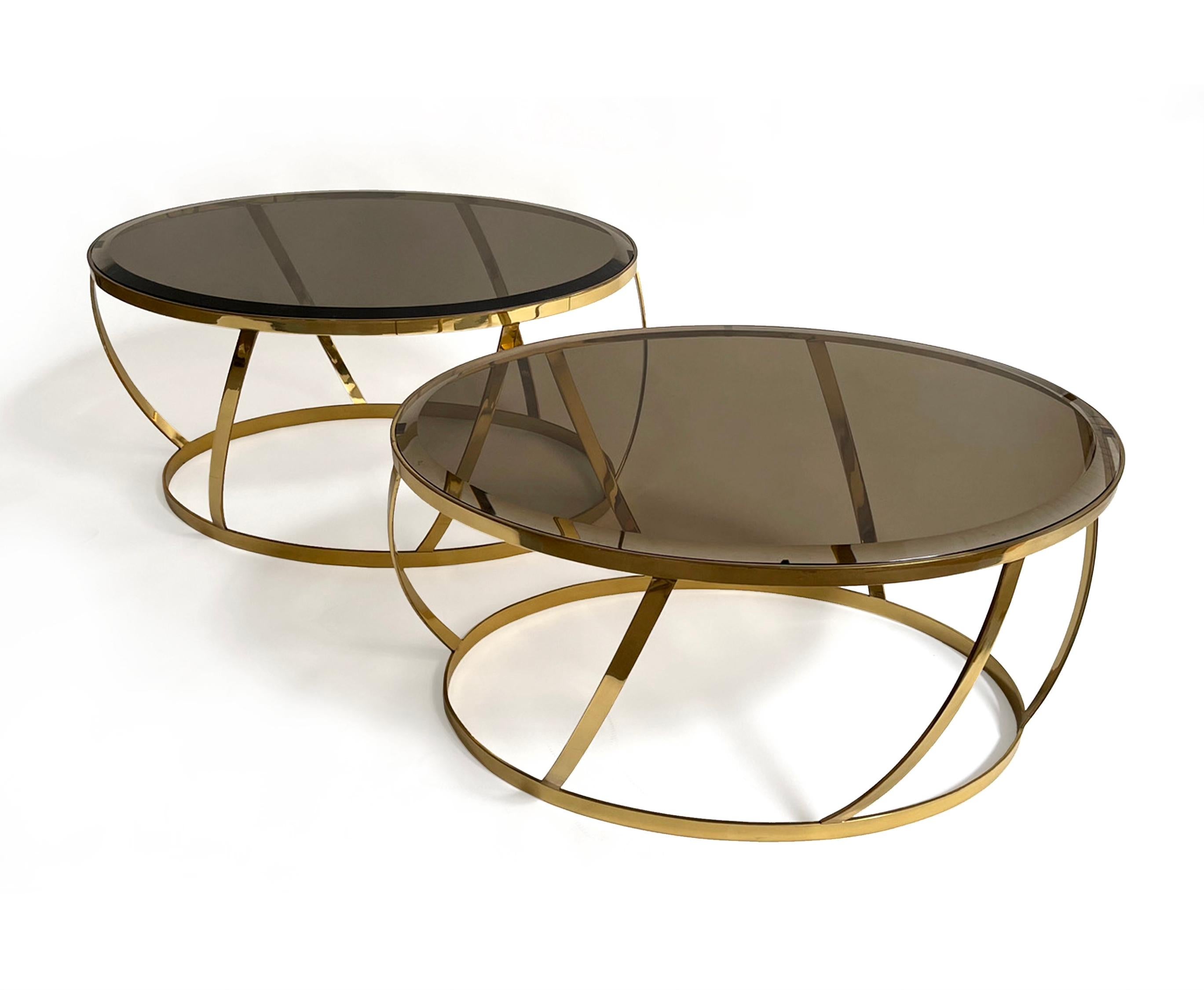 Modern Pair of Karl Springer Brass and Glass Side Tables