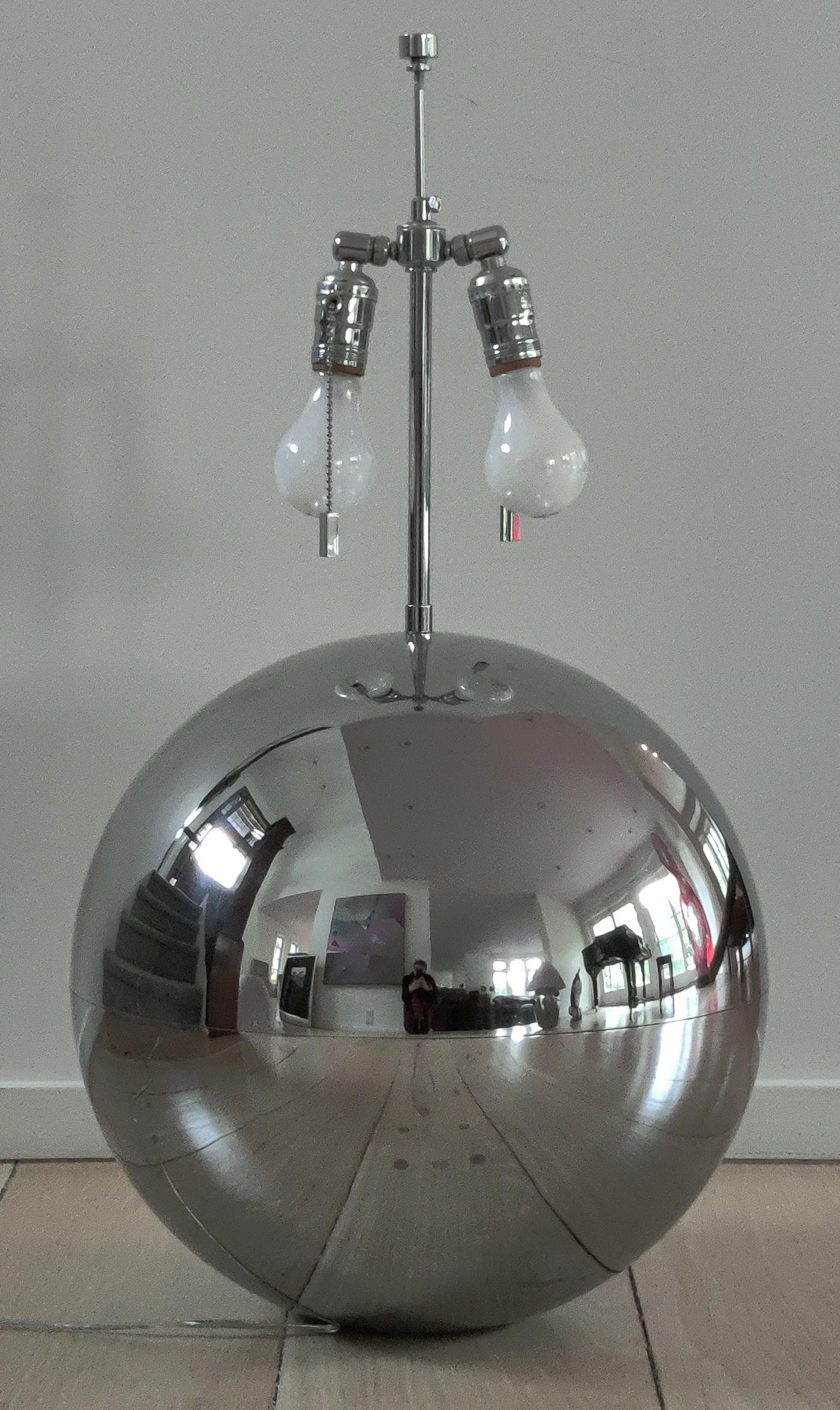 American Pair of Karl Springer Chrome and Original Purple String Shade Ball Lamps, 1980s For Sale