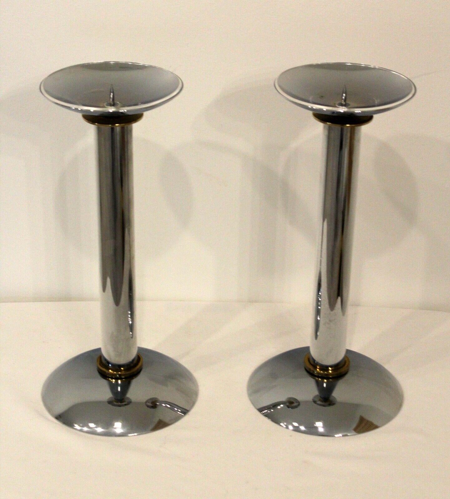 Post-Modern Pair of Karl Springer Chrome & Brass Postmodern Candle Holders