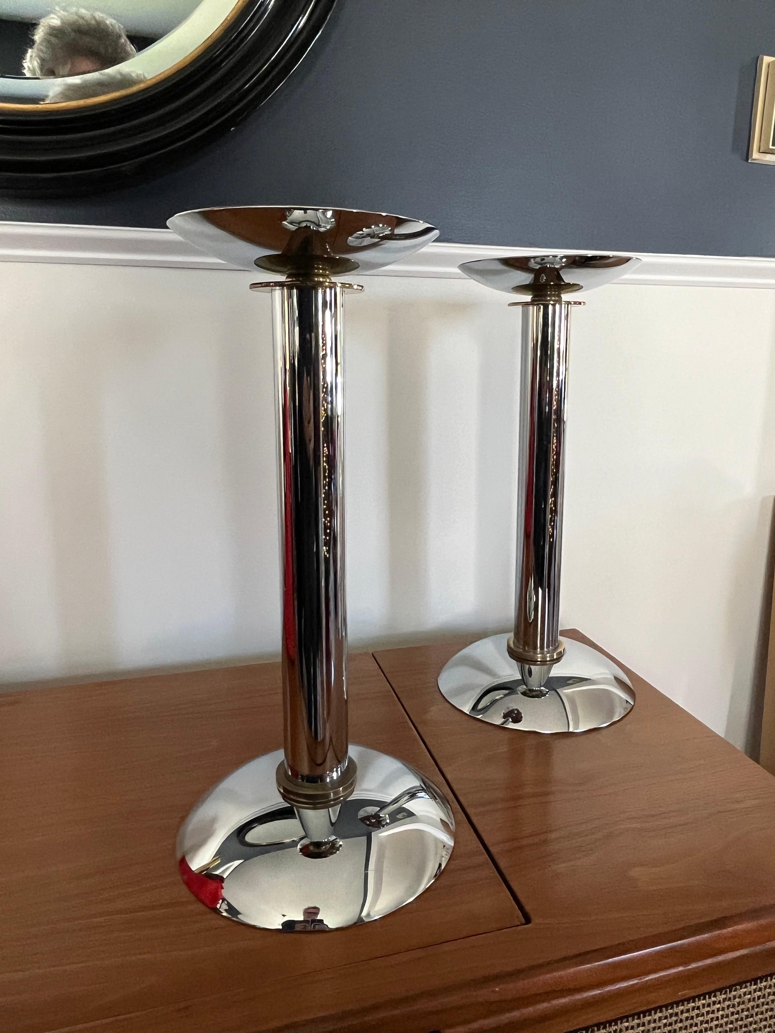 American Pair of Karl Springer Chrome & Brass Postmodern Candle Holders For Sale