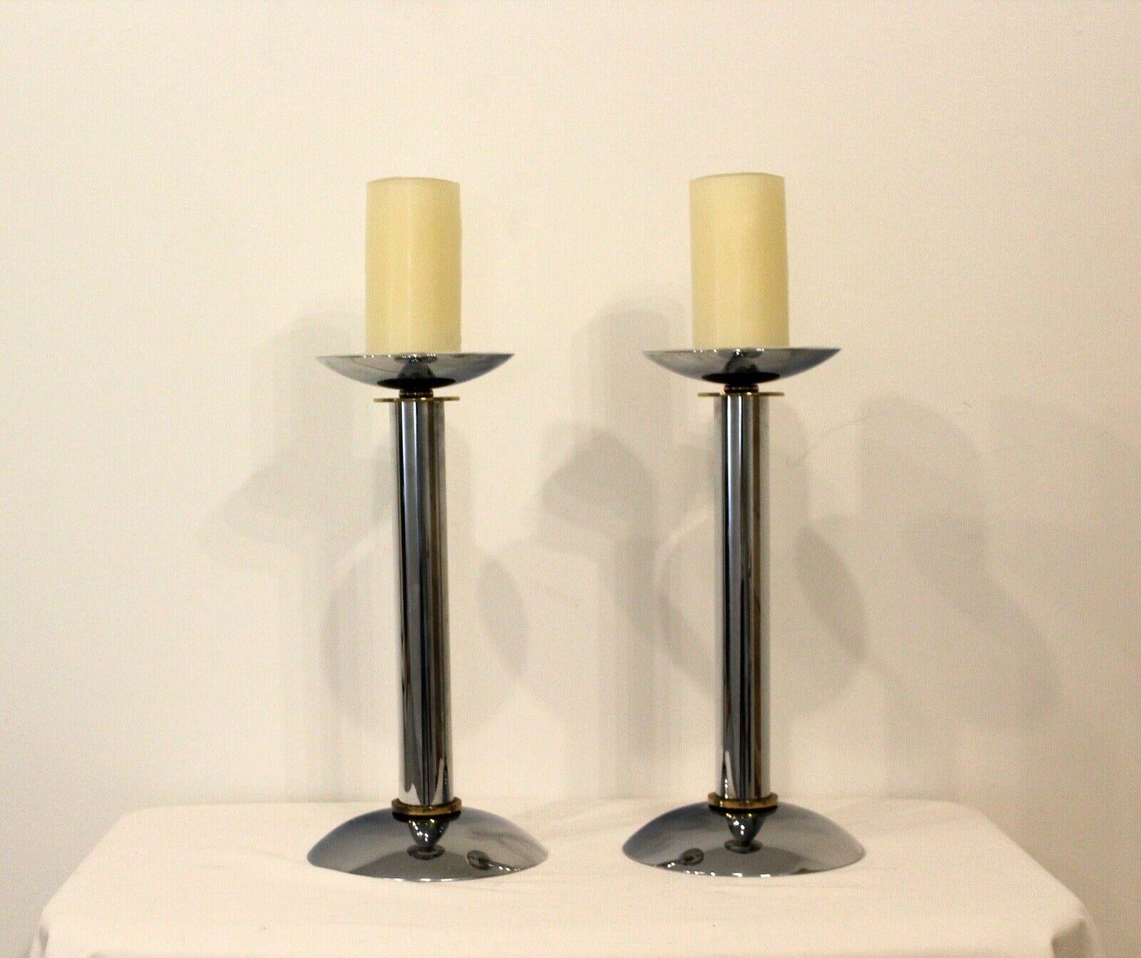 Pair of Karl Springer Chrome & Brass Postmodern Candle Holders In Good Condition In Keego Harbor, MI