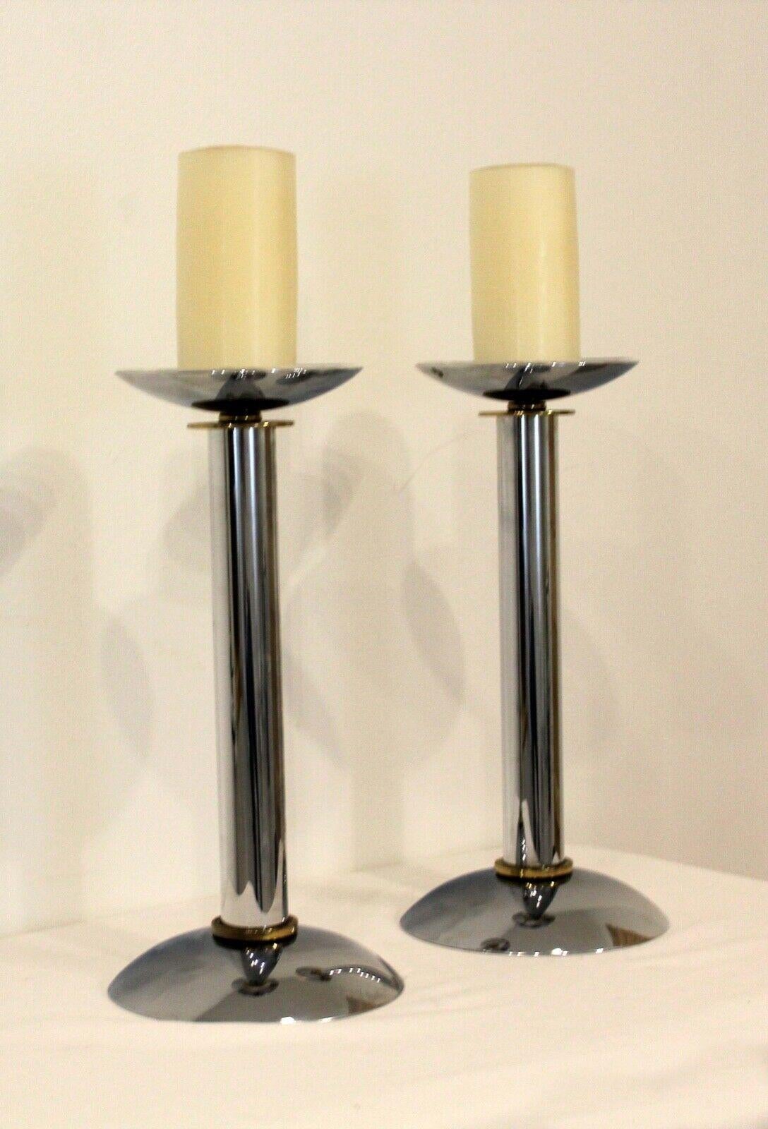 20th Century Pair of Karl Springer Chrome & Brass Postmodern Candle Holders
