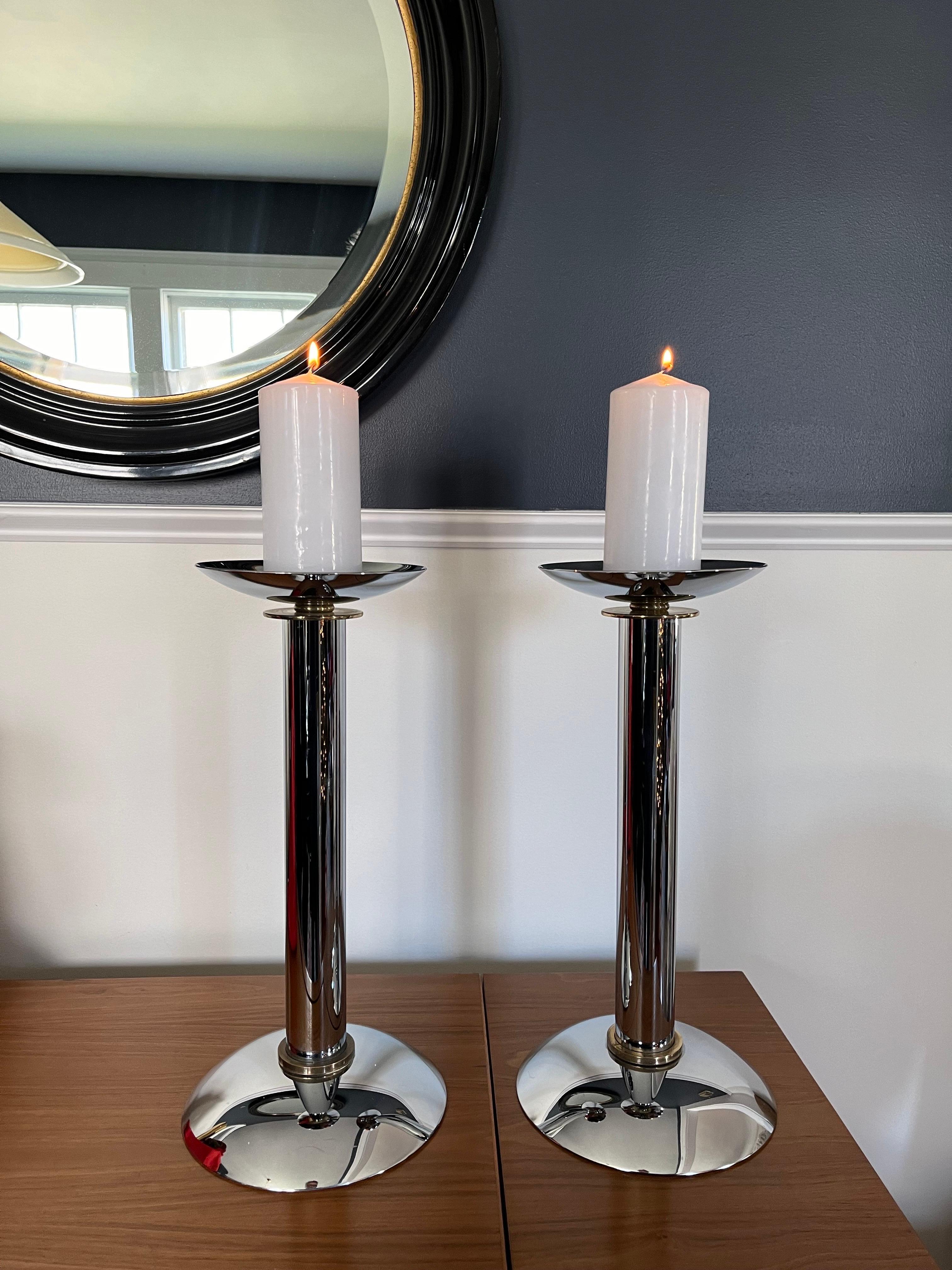 Pair of Karl Springer Chrome & Brass Postmodern Candle Holders 2